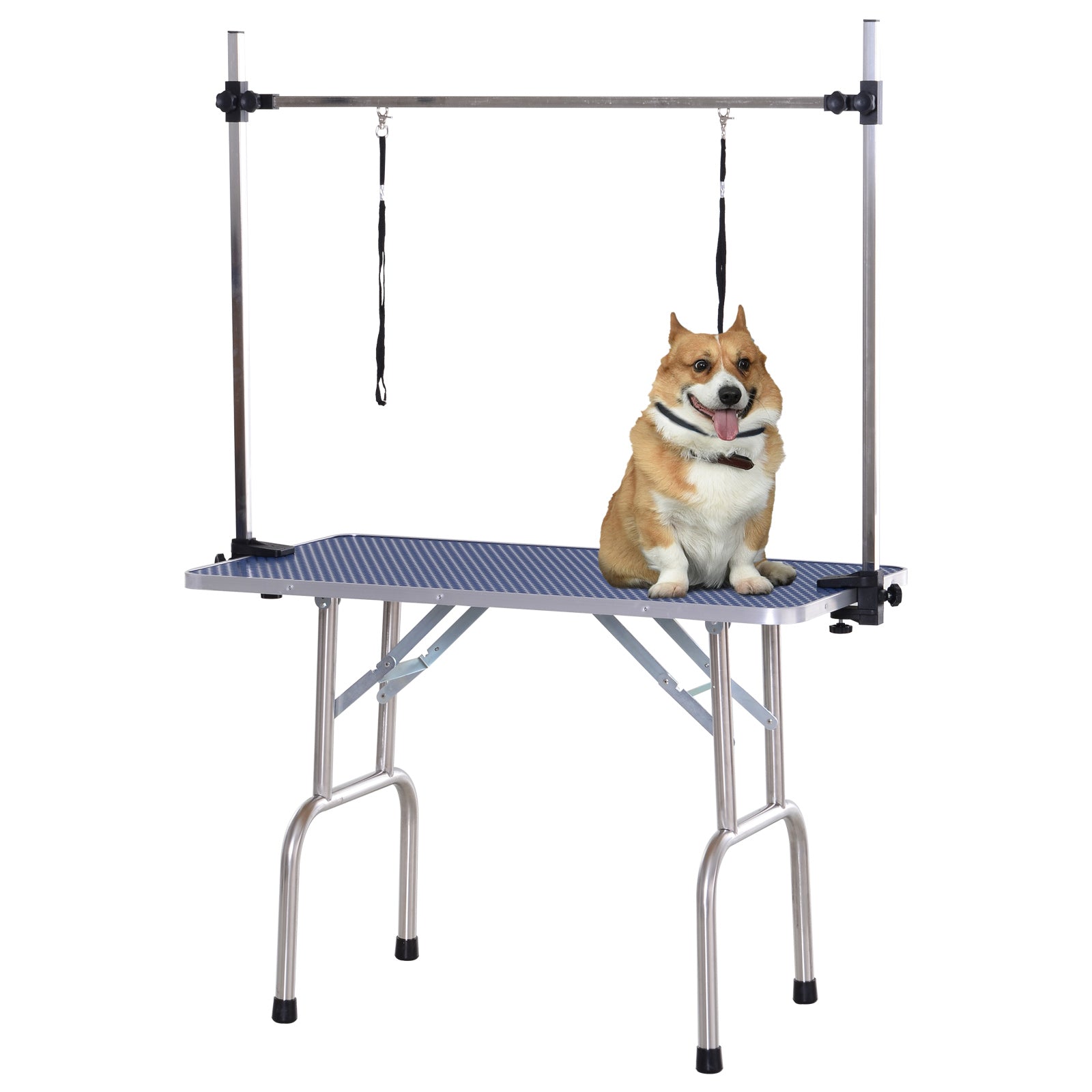 Adjustable Dog Grooming Table Rubber Top 2 Safety Slings Mesh Storage Basket Heavy Metal Blue 107 x 60 x 170cm