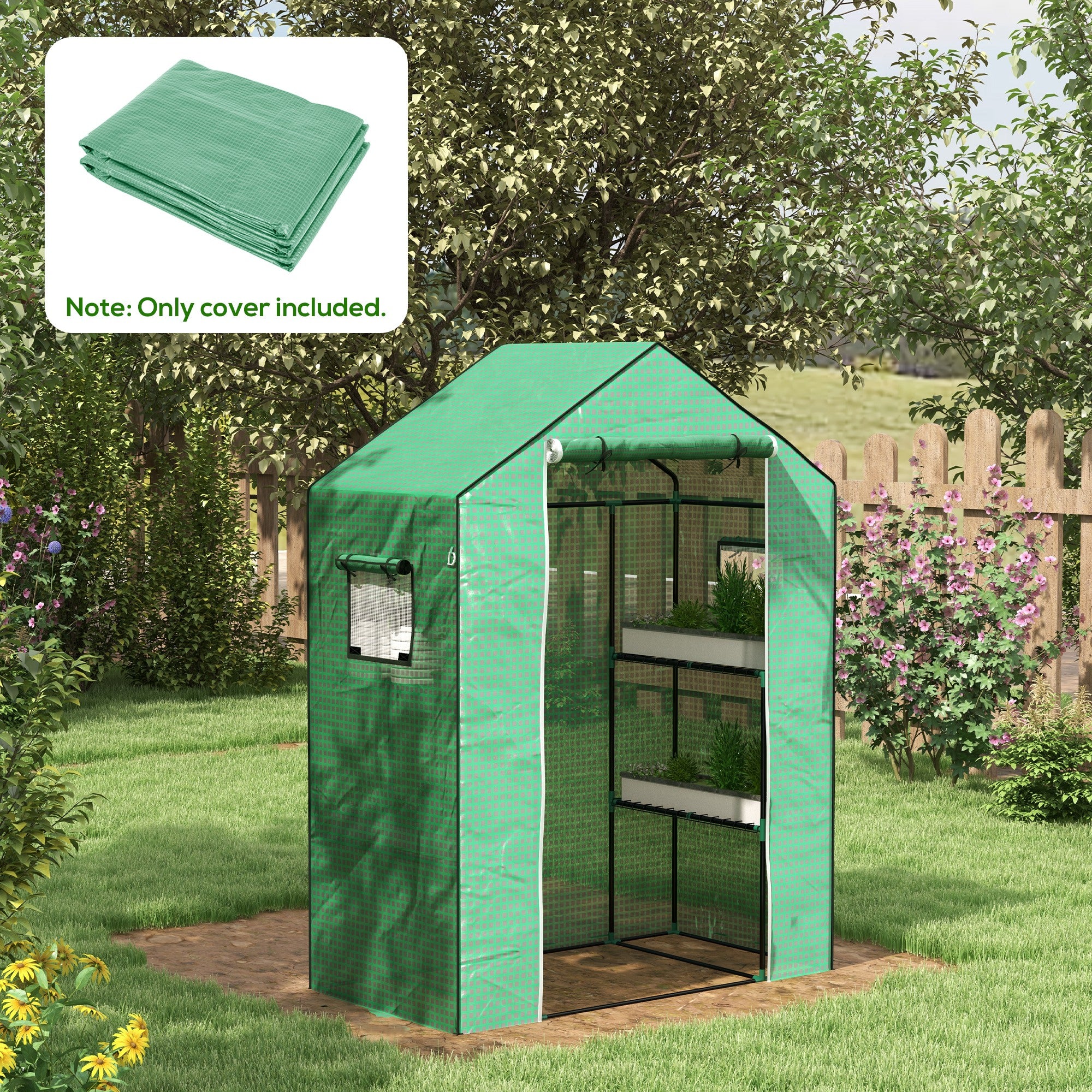 Greenhouse Cover Replacement Walk-in PE Hot House Cover with Roll-up Door and Windows, 140 x 73 x 190cm, Green