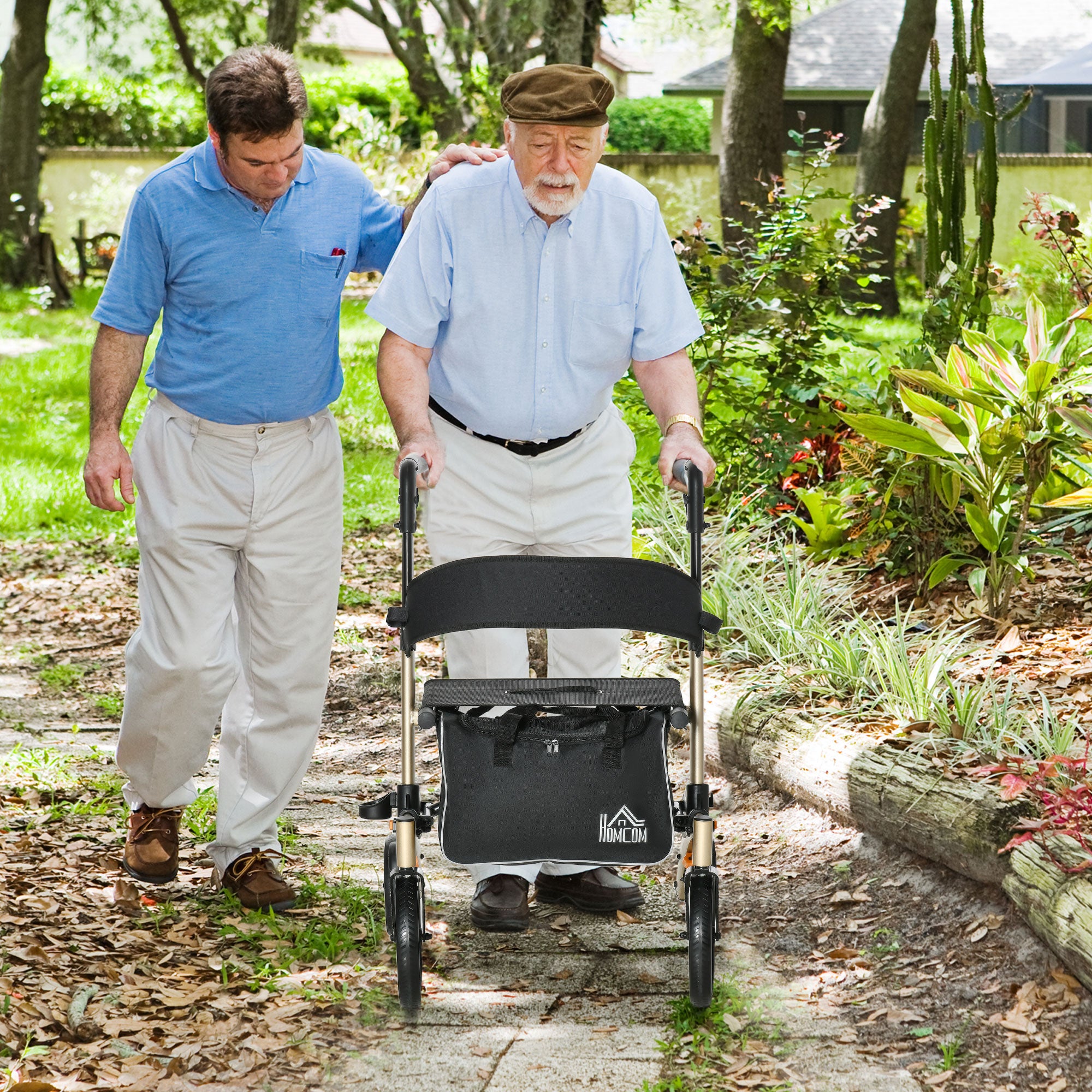 Folding Rollator with Cane Holder, Adjustable Handle Height and Aluminum Frame, 4 Wheeled Mobility Walker with Seat and Bag, Gold