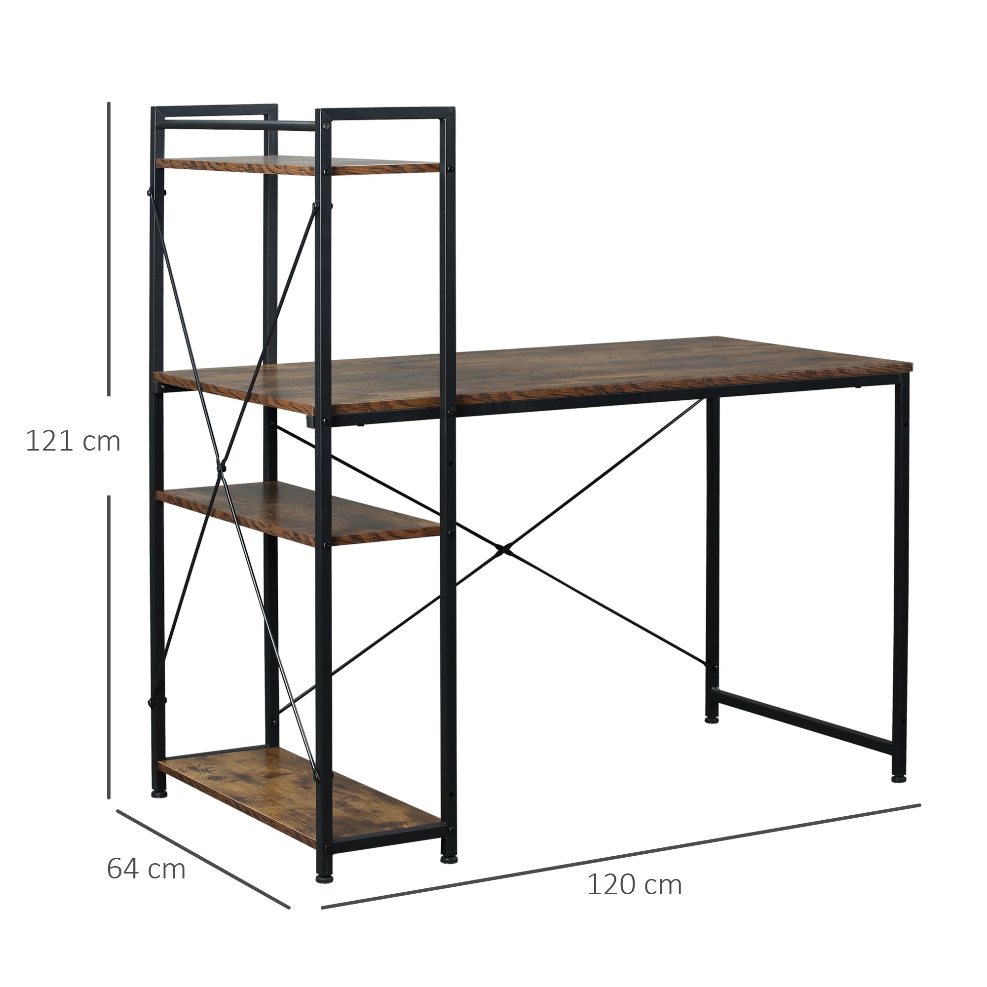 Computer Desk PC Table Study Workstation Home Office with 4-tier Bookshelf Storage Metal Frame Wooden Top (Rustic Brown & Black)