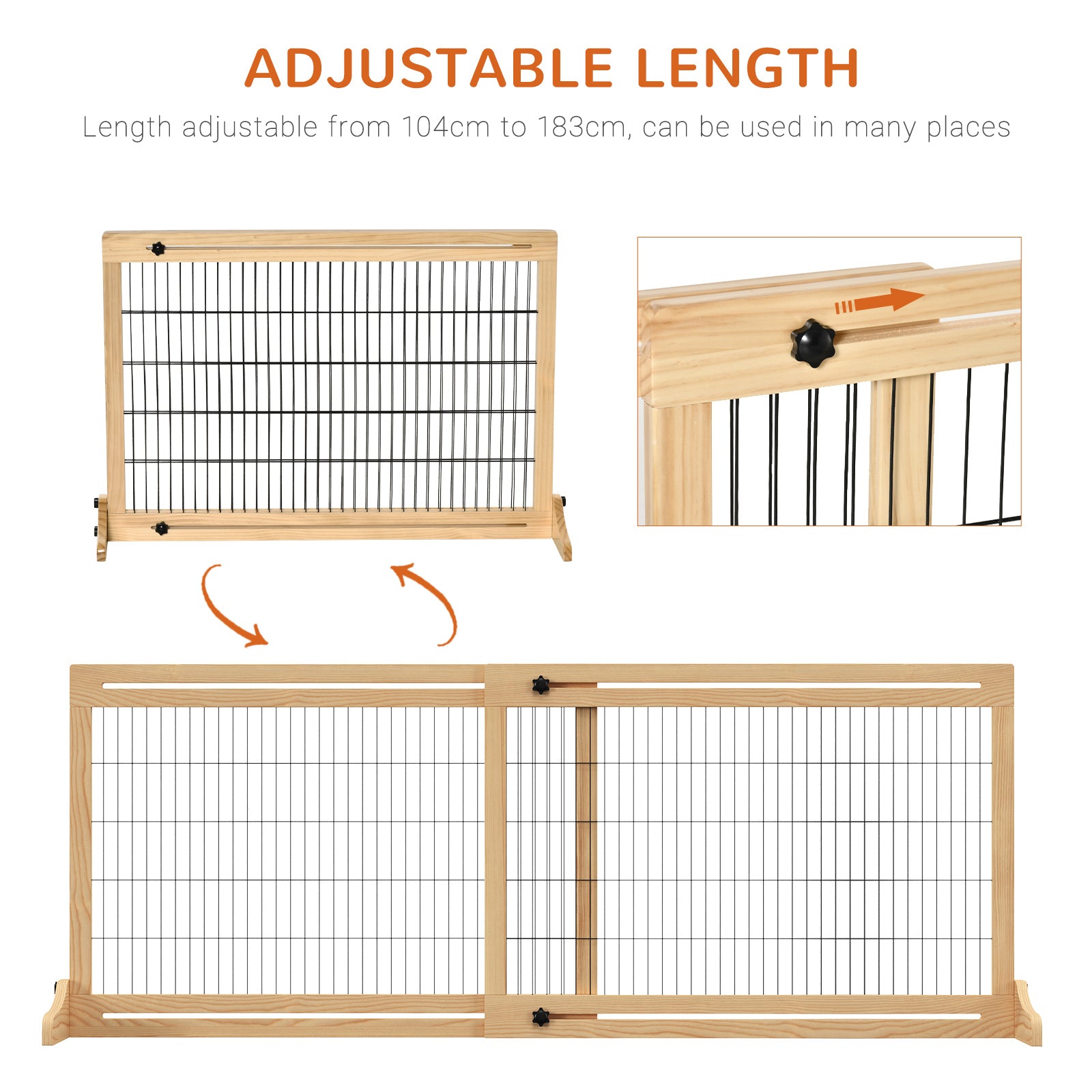 Adjustable Wooden Pet Gate, Freestanding Dog Barrier Fence with 2 Panels for Doorway, Hallway, 69H x 104-183 cm, Natural