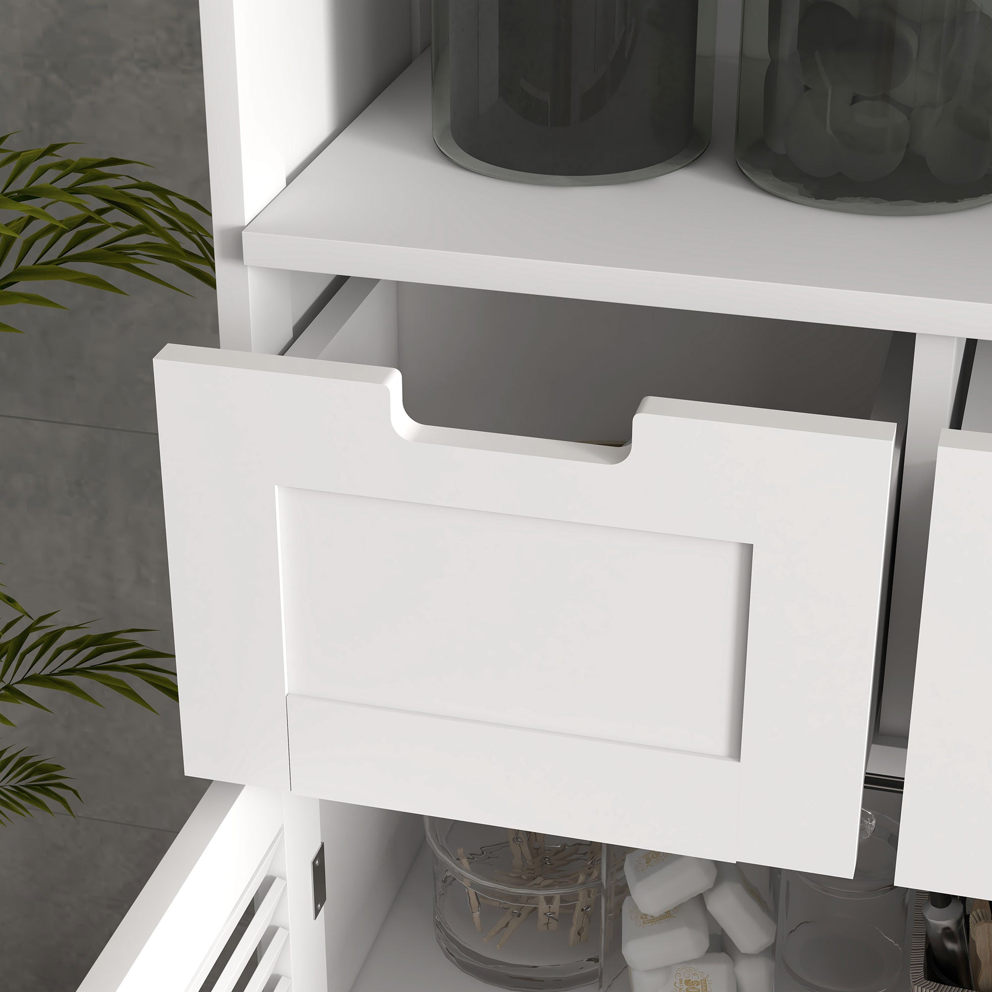 Bathroom Storage Unit with Louvred Doors, Bathroom Floor Cabinet with Drawers, Open Shelf and Adjustable Shelf