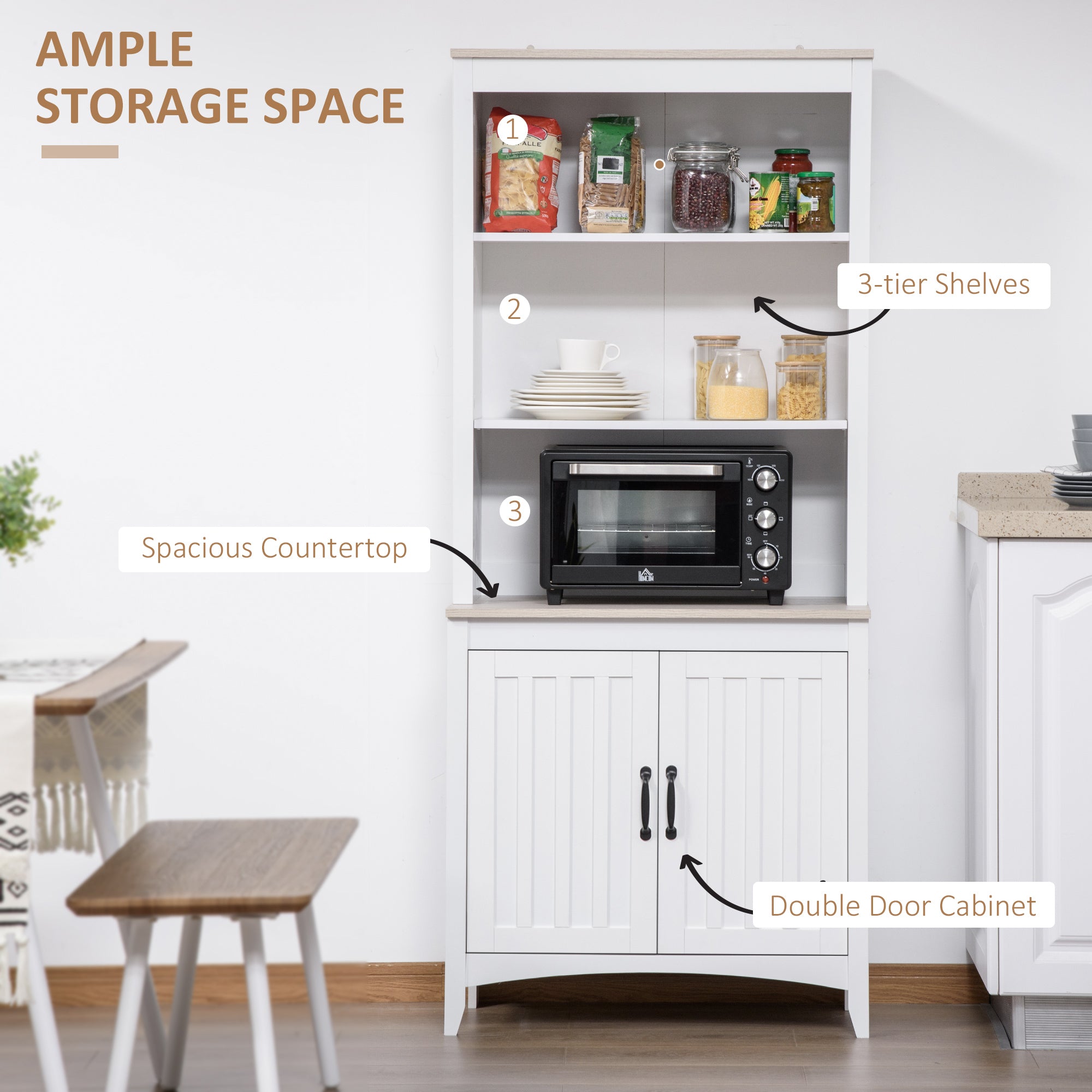 Kitchen Cupboard with 3-tier Shelving Double-door Storage Cabinet, Sideboard with Adjustable Shelves Microwave Oven Counter Top, White