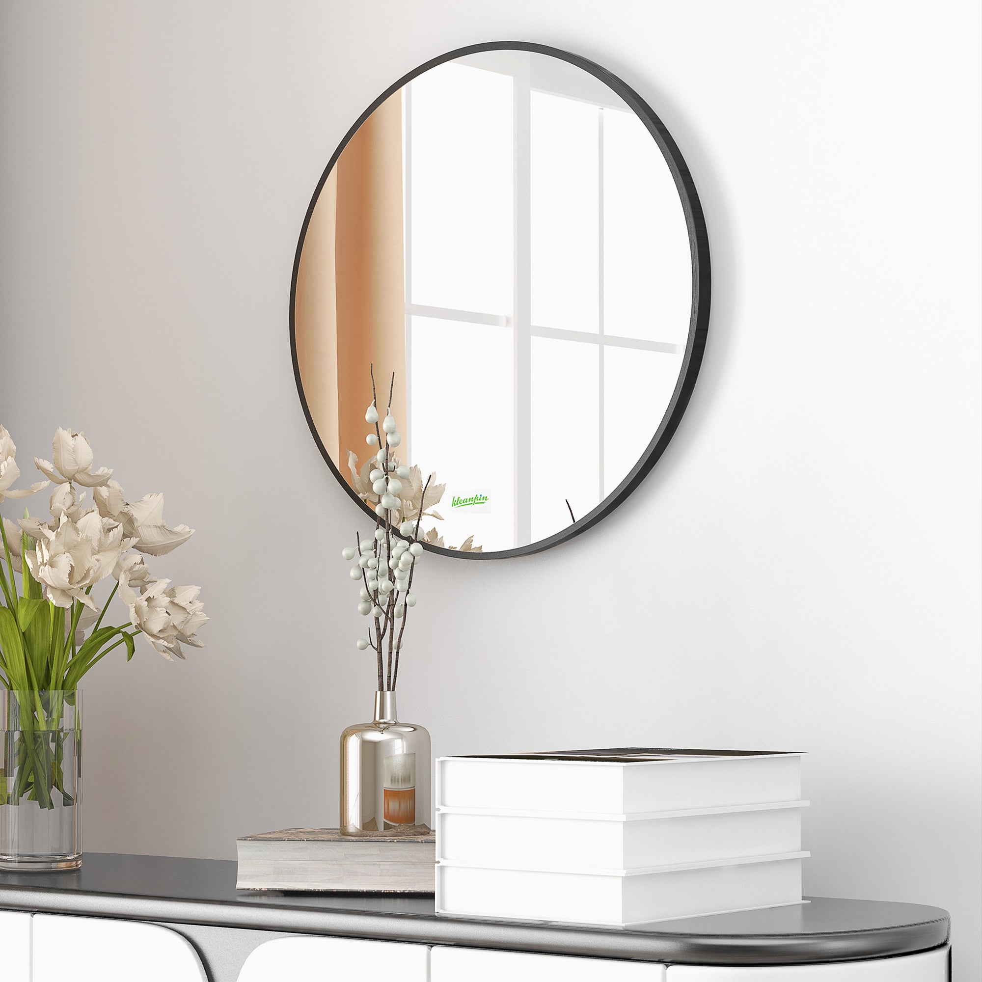 Round Bathroom Mirror, Modern Wall-mounted Makeup Mirror with Aluminium Frame for Washroom Living Room, Black, 50x50 cm