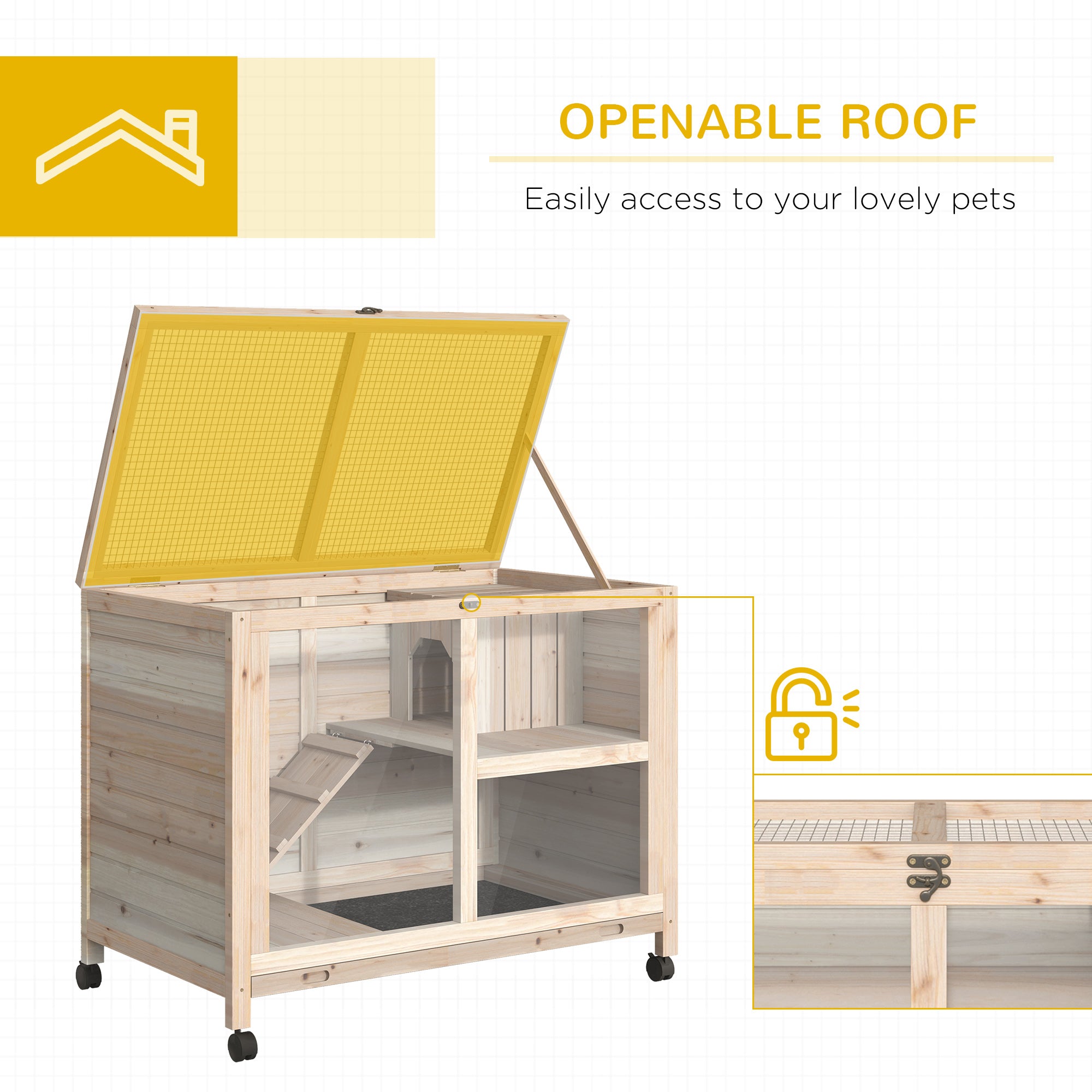 Wooden Rabbit Hutch Guinea Pigs House Bunny Small Animal Cage W/ Pull-out Tray Openable Roof Wheels 91.5 x 53.3 x 73 cm