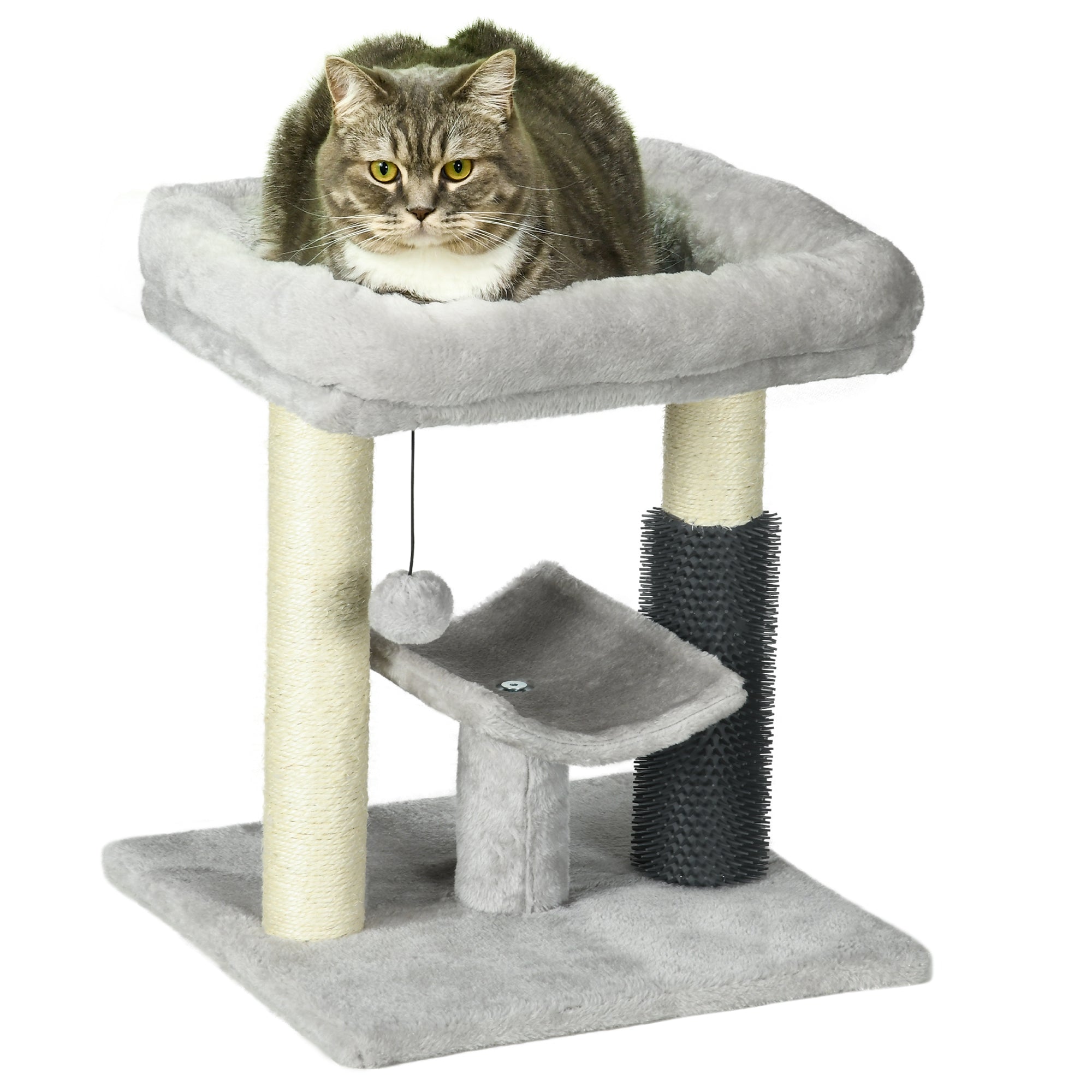 48cm Cat Tree, Cat Tower with Cat Self Groomer Cat Scratching Post with Hanging Ball, Self Groomer and Perches, Grey