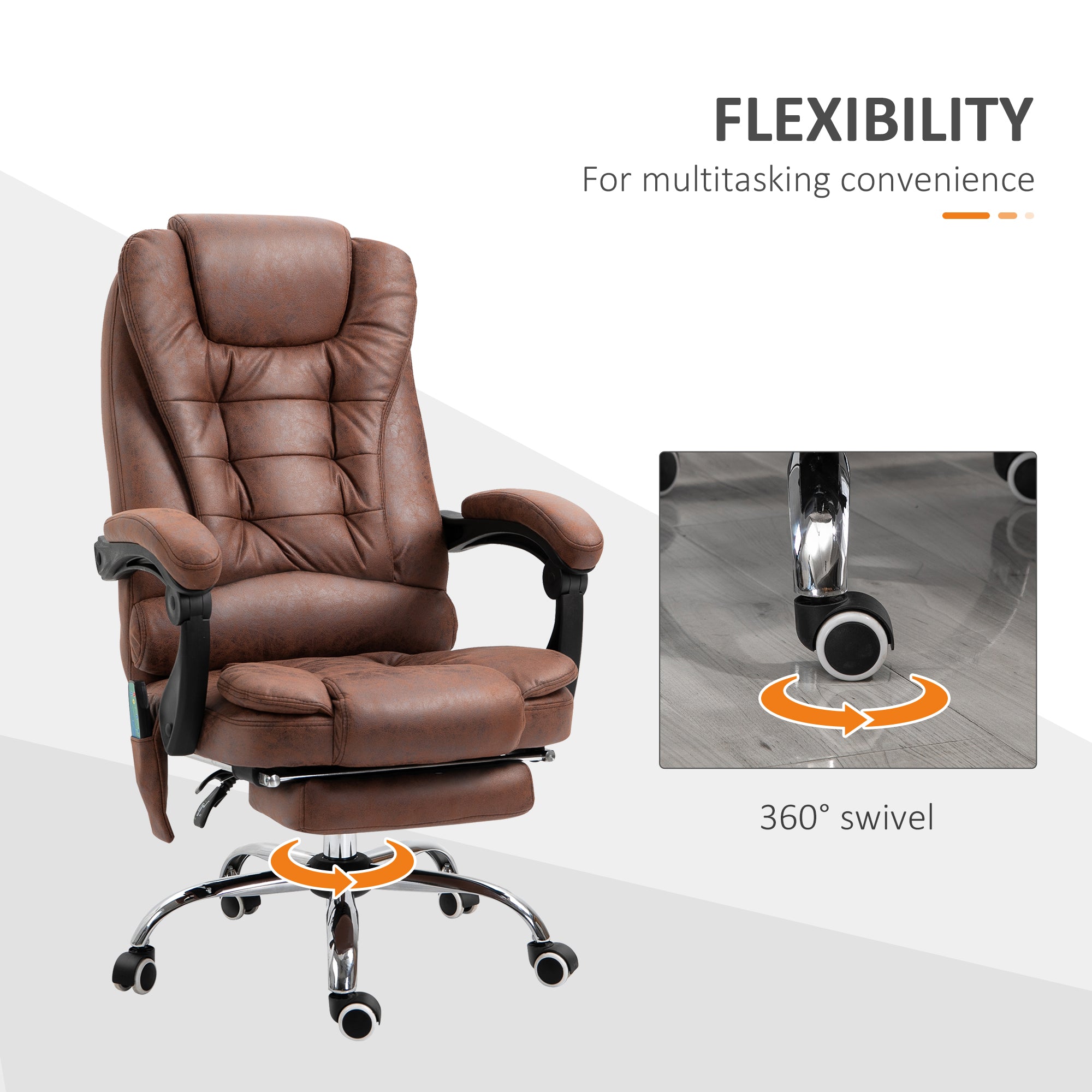 Heated 6 Points Vibration Massage Executive Office Chair Adjustable Swivel Ergonomic High Back Desk Chair Recliner with Footrest Brown