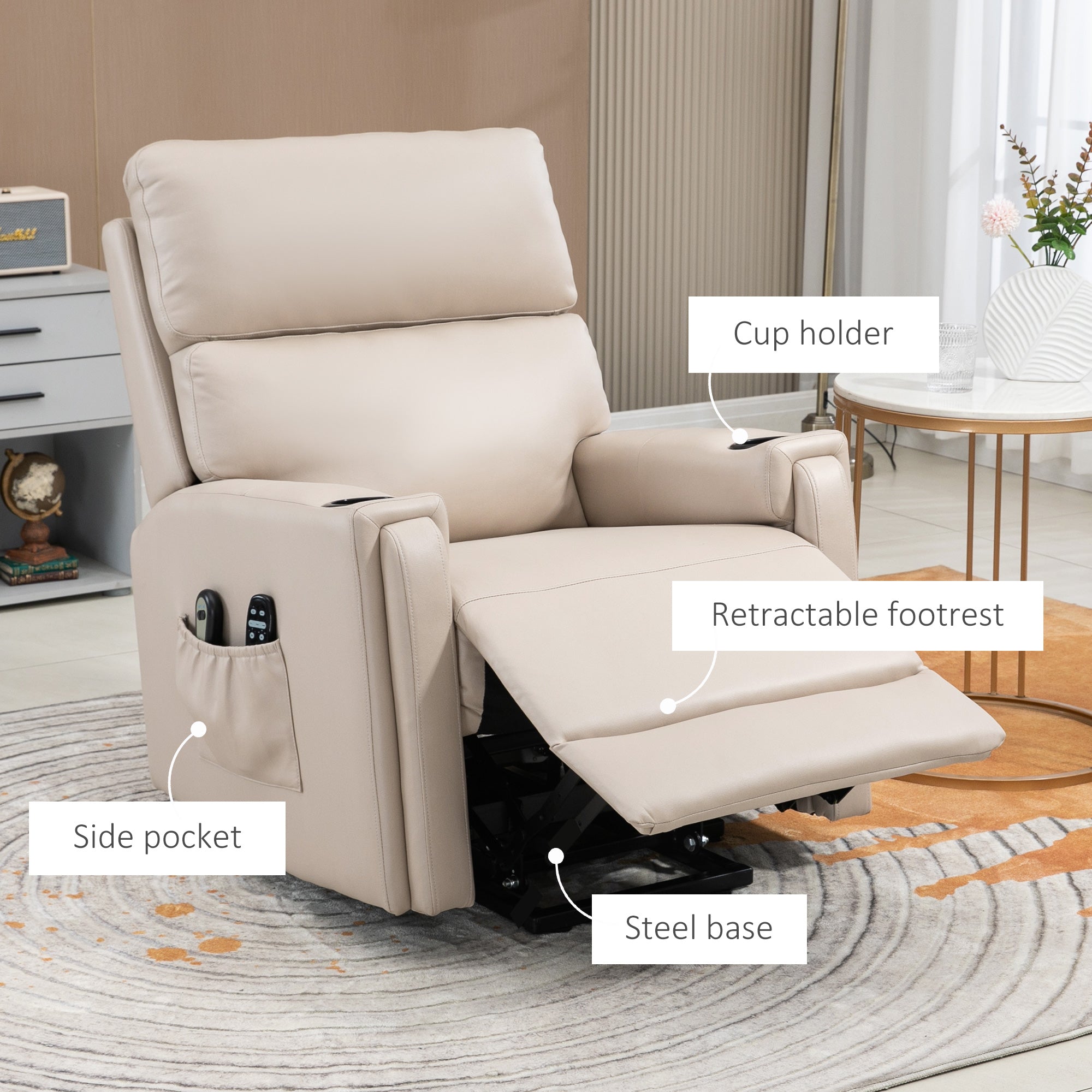 Lift Chair, Electric Riser and Recliner Chair with Vibration Massage, Heat, Cup Holders, Side Pockets, Beige