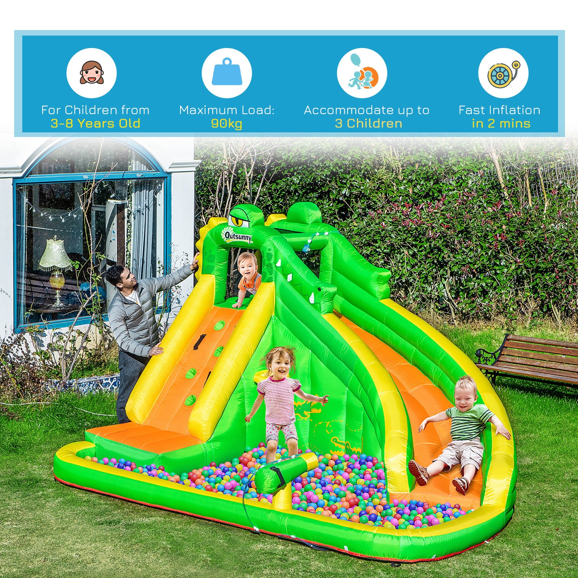 5 in 1 Kids Bouncy Castle Large Crocodile Style Inflatable House Slide Basket Water Pool Climbing Wall for Kids Age 3-8, 3.85 x 2.85 x 2.25m