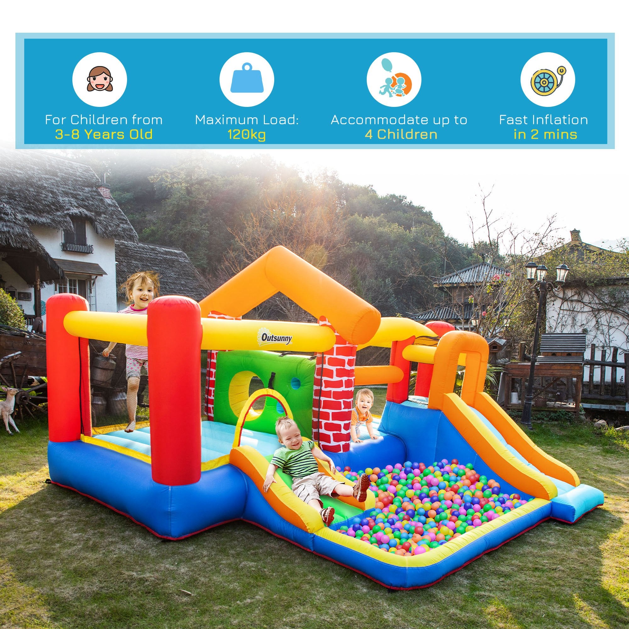 4 in 1 Kids Bounce Castle Extra Large Double Slides & Trampoline Design Inflatable House Pool Climbing Wall for Kids Age 3-8, 3.8x3.7x2.3m