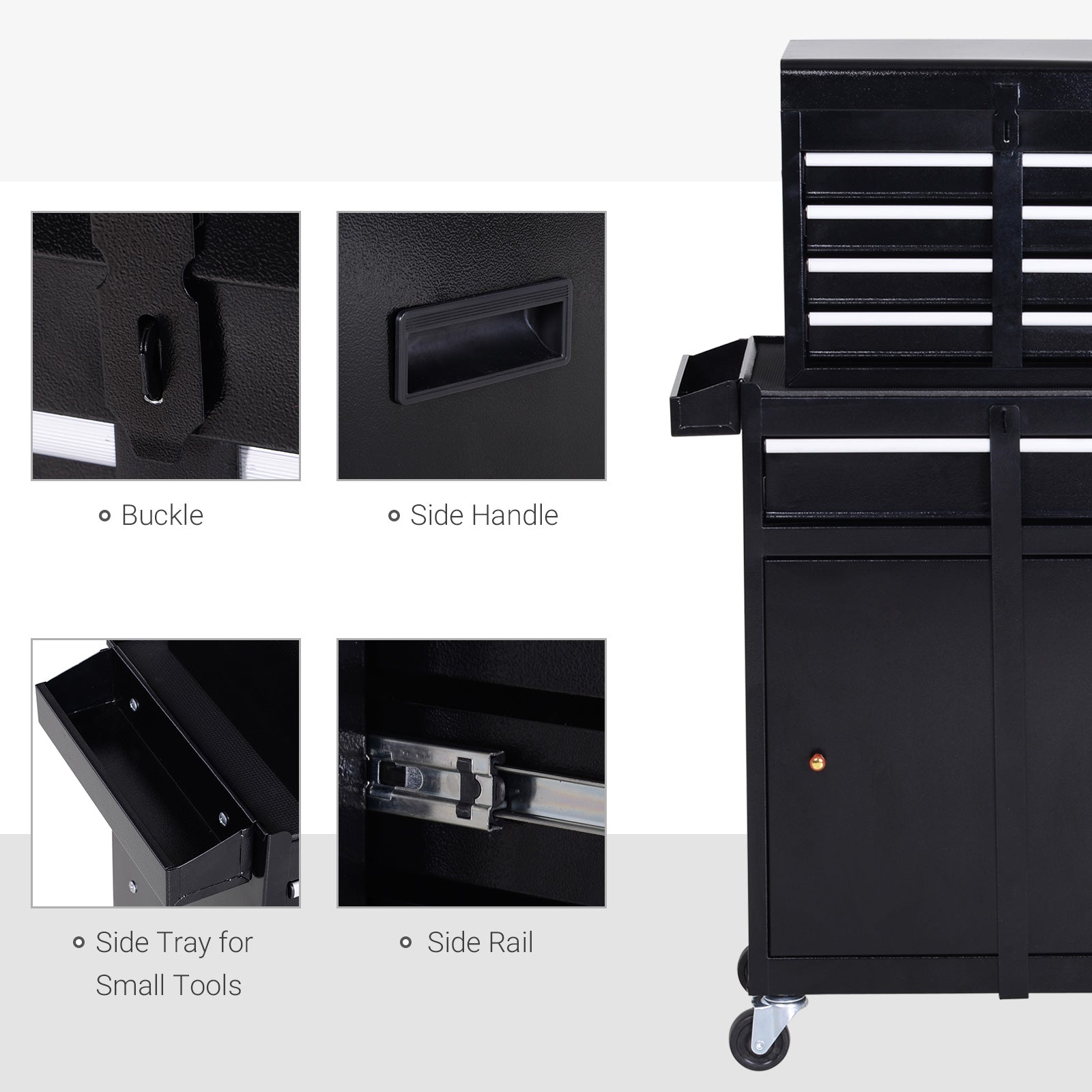 Tool Chest 2 in 1 Metal Tool Cabinet Storage Box with 5 Drawers Pegboard Wheels 60x28x104.5cm Black