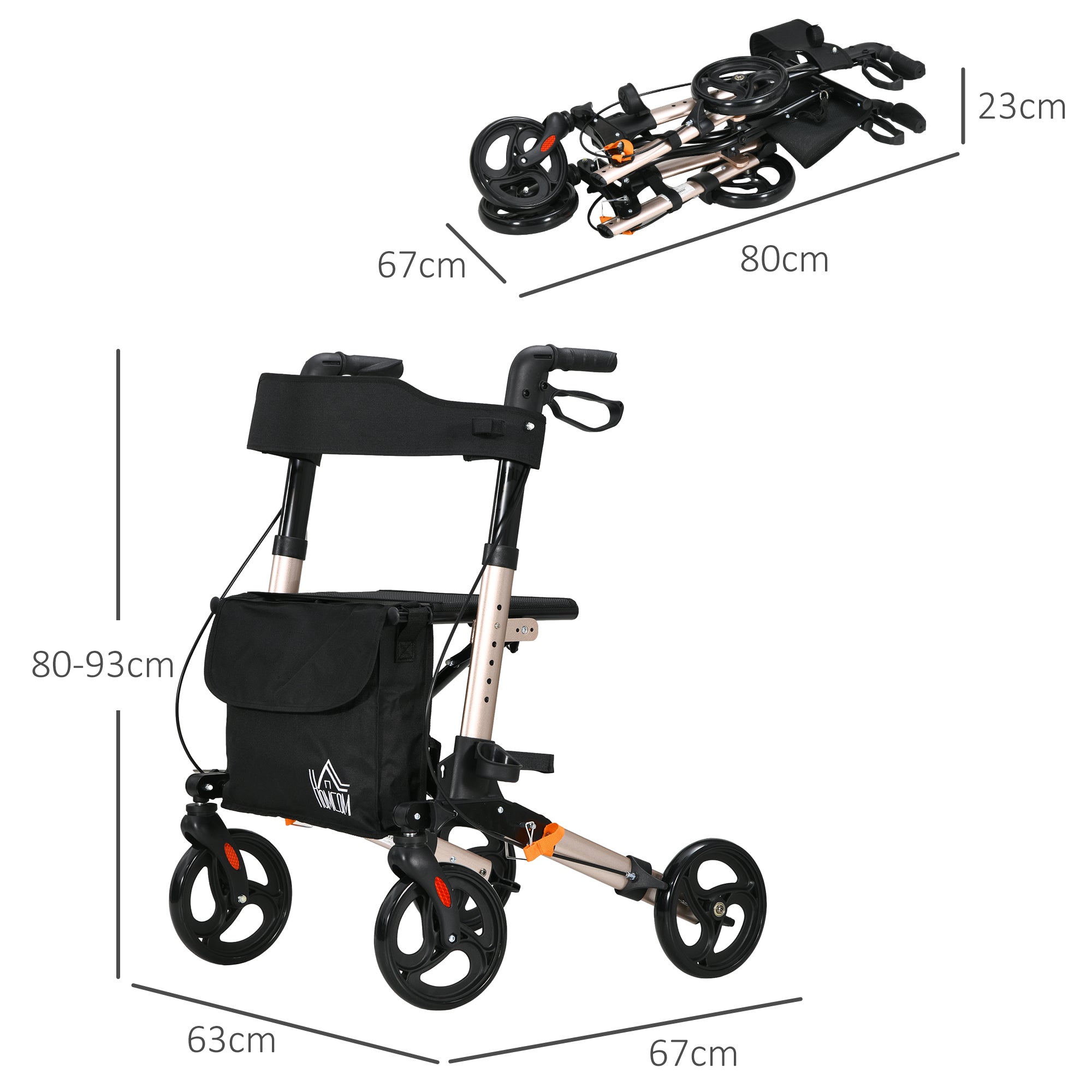 4 Wheel Rollator with Seat and Back, Folding Mobility Walker, Adjustable Height, Dual Brakes, Cane Holder, Lightweight Aluminium