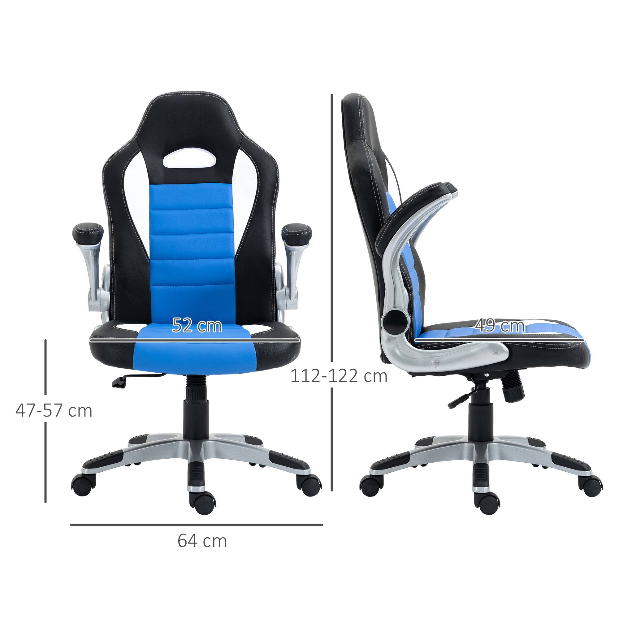 Racing Gaming Chair, PU Leather Computer Desk Chair, Height Adjustable Swivel Chair With Tilt Function and Flip Up Armrests, Blue