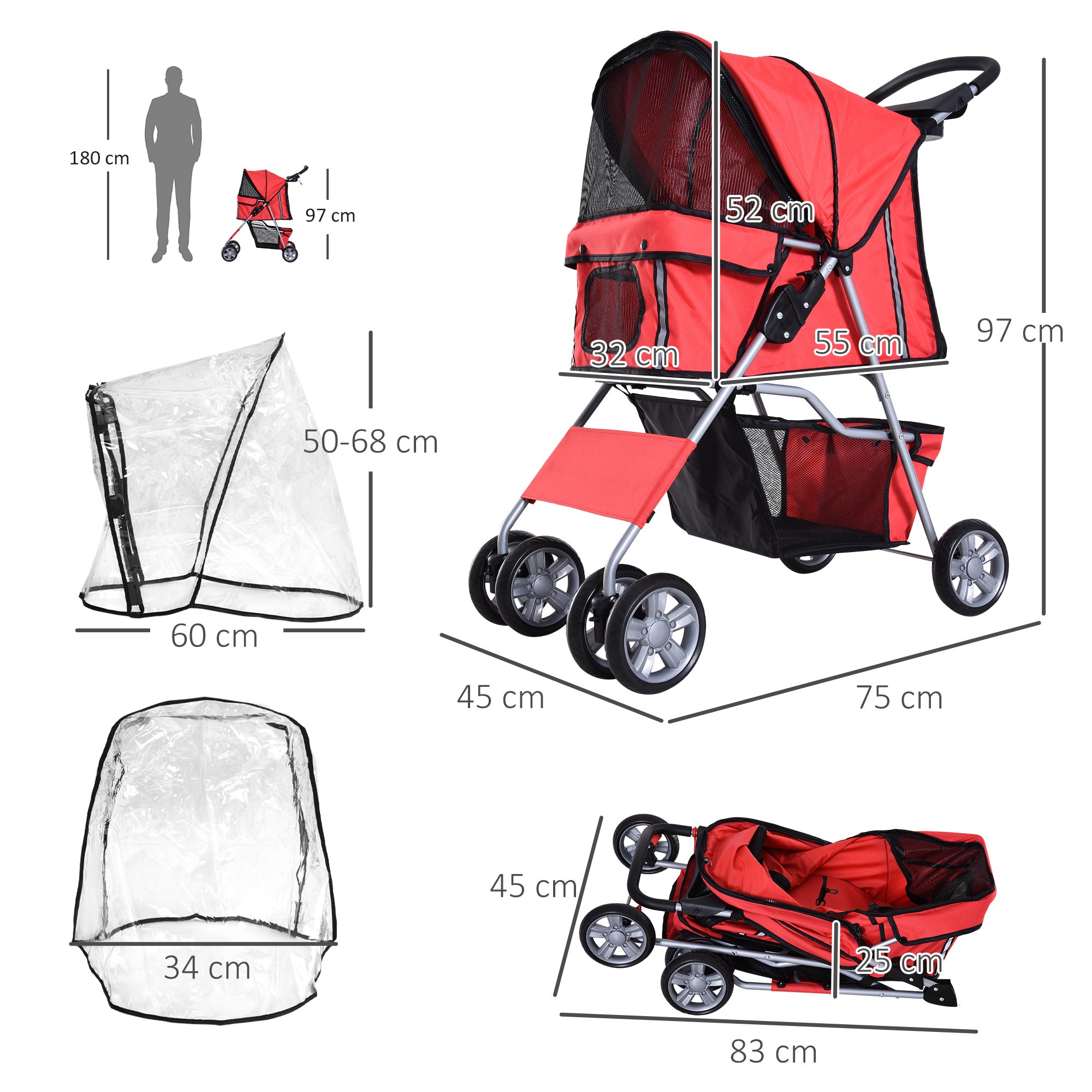 Dog Stroller with Rain Cover for Small Miniature Dogs, Folding Pet Pram with Cup Holder, Storage Basket, Reflective Strips, Red