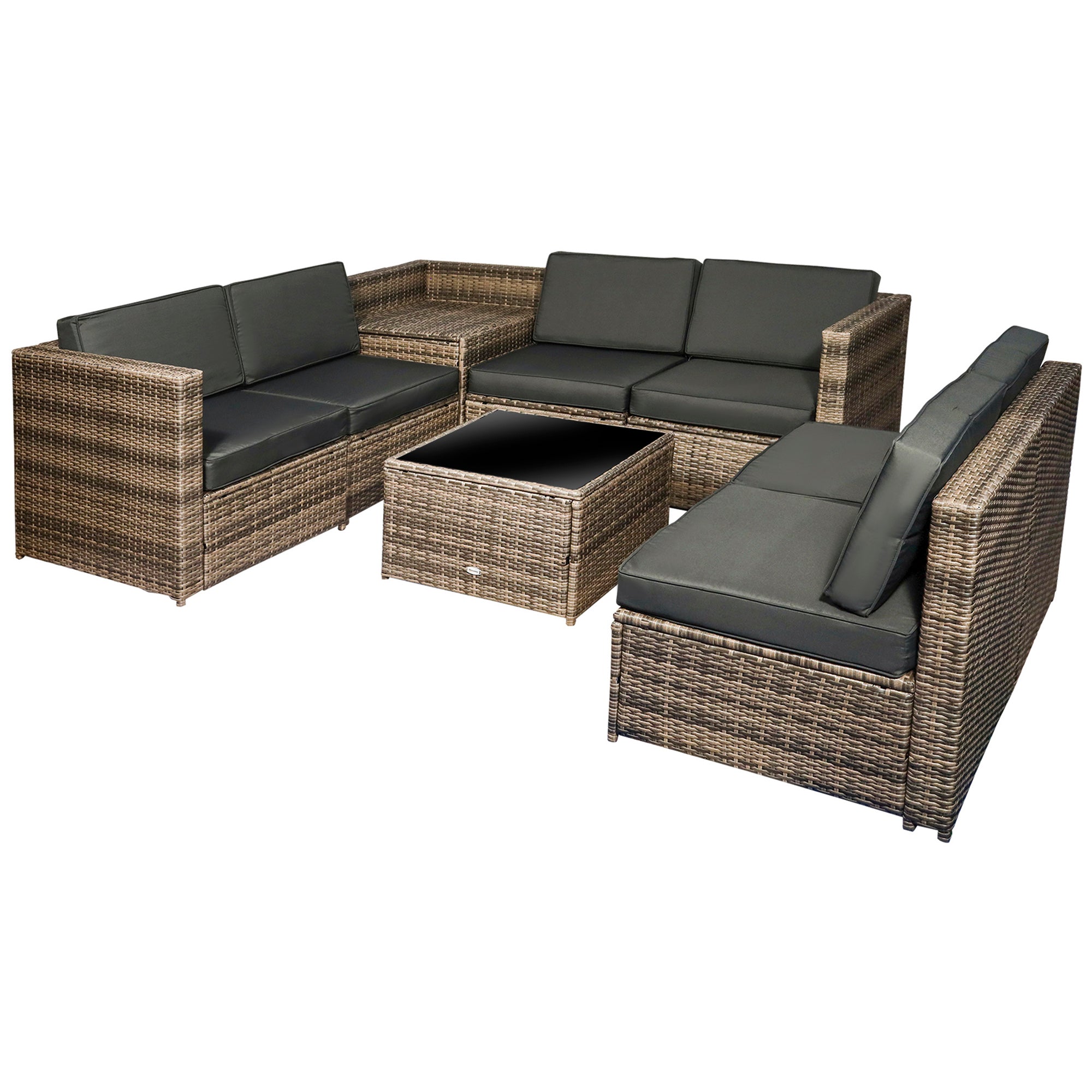 6-Seater Outdoor Rattan Wicker Sofa Set with Hidden Storage Side Table and Cushions, Mixed Brown