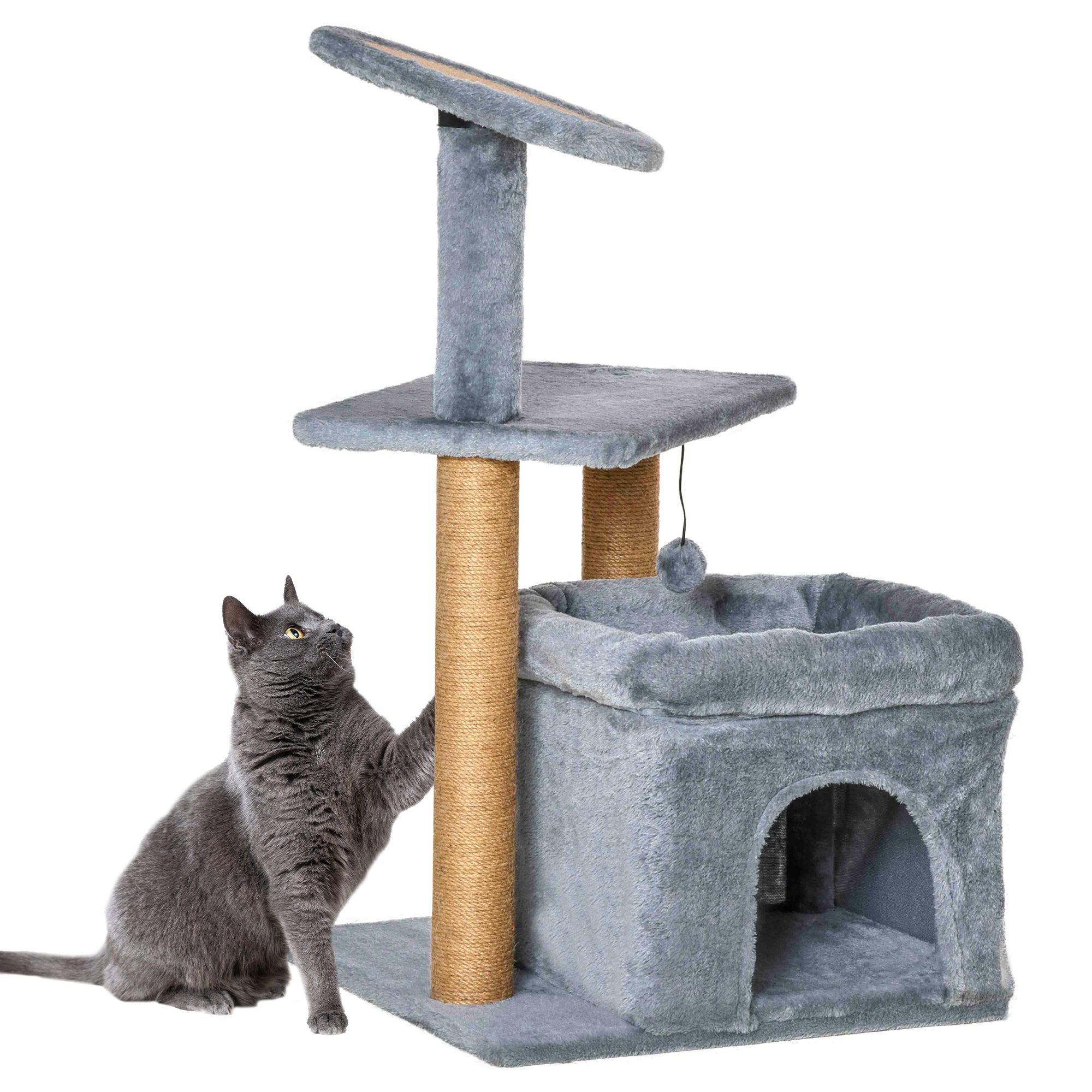 Cat Tree Tower Kitten Activity Center with Scratching Posts Pad Condo Perch Bed Interactive Ball Toy 48 x 48 x 84cm, Grey