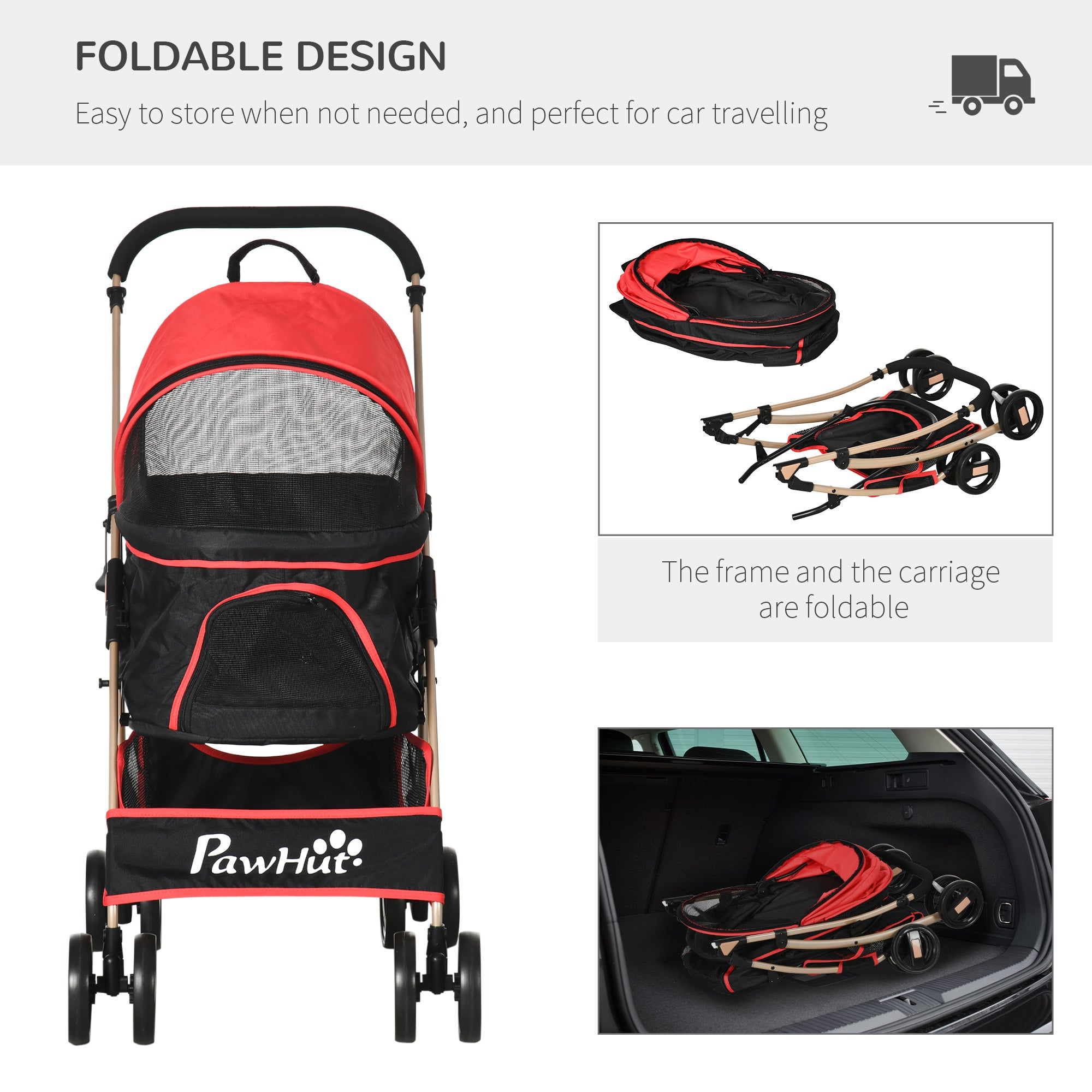 Pet Stroller Detachable 3-In-1 Dog Pushchair Cat Travel Carriage Foldable Bag w/ Universal Wheel, Brake Canopy for XS & S Sized Pets, Red