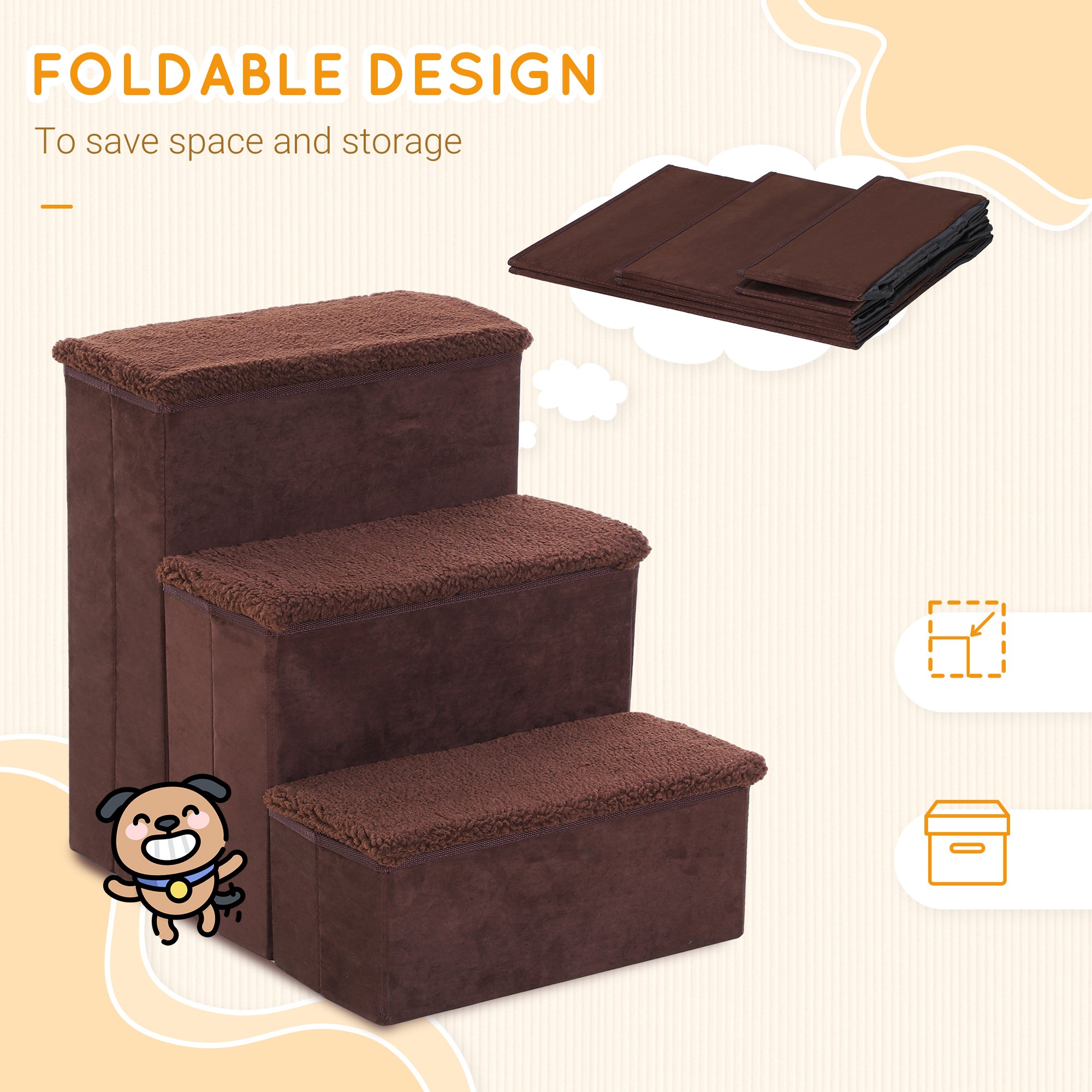 3 Step Pet Stairs Foldable Portable Mobility Assistance w/ Washable Fleece Cover 41x19cm Brown