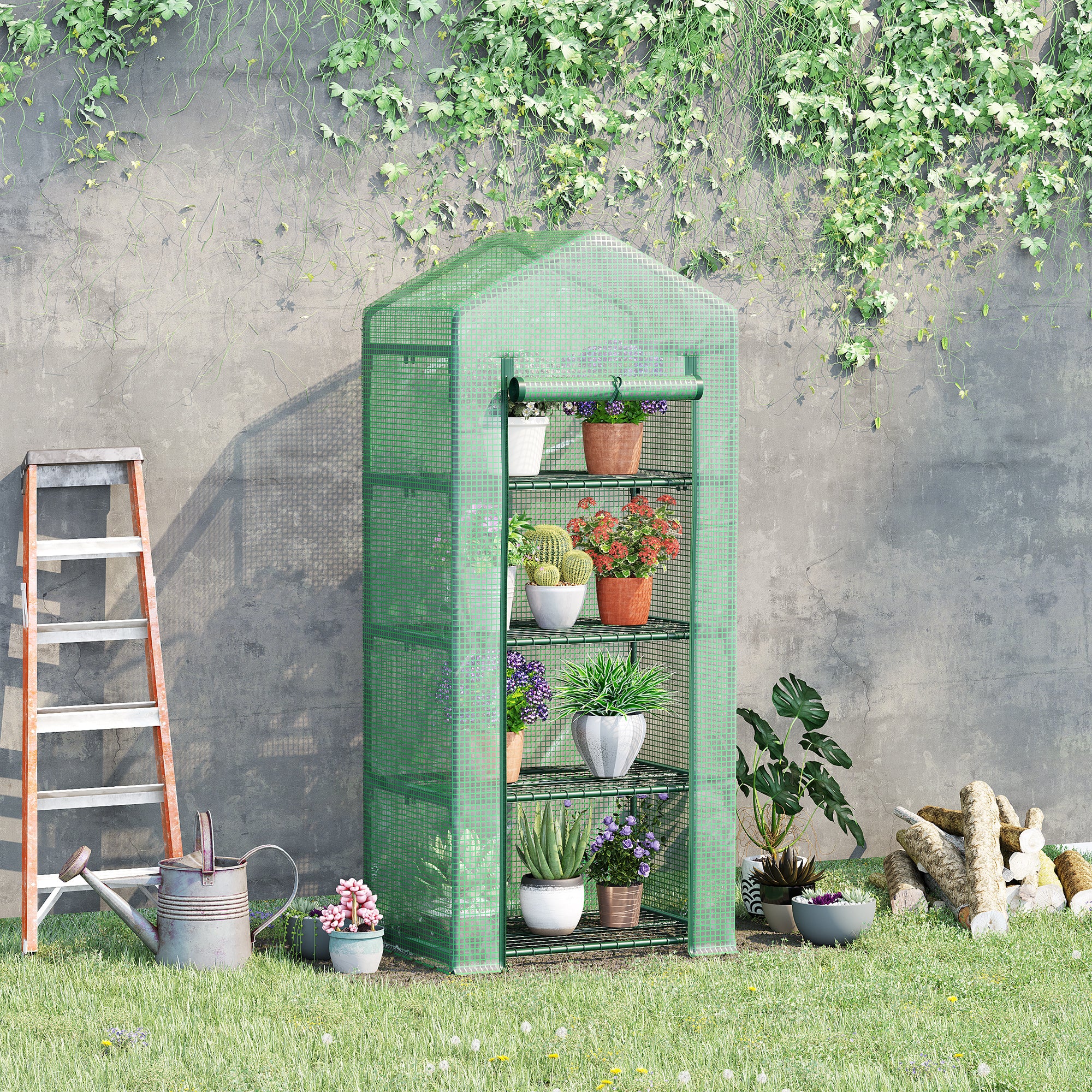 4 Tier Mini Greenhouse, Portable Green House with Steel Frame, PE Cover, Roll-up Door, 70 x 50 x 160 cm, Green