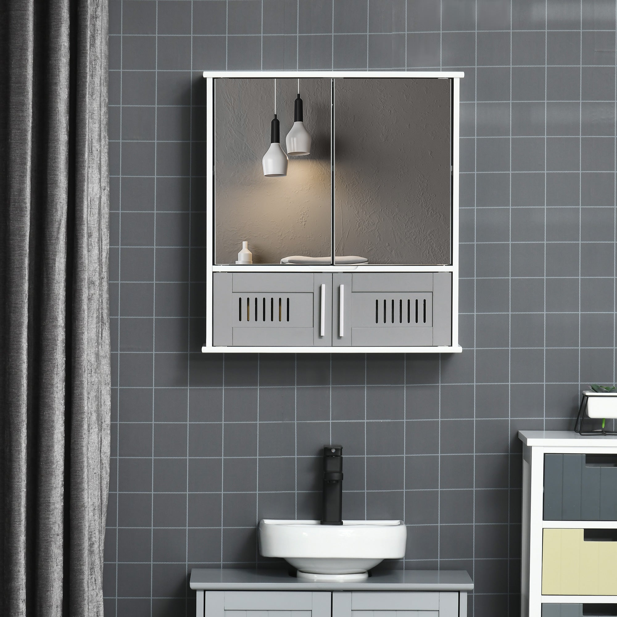 Bathroom Mirror Cabinet, Wall Mounted Storage Cupboard with Double Doors and Adjustable Shelf, Bathroom Organizer, Grey