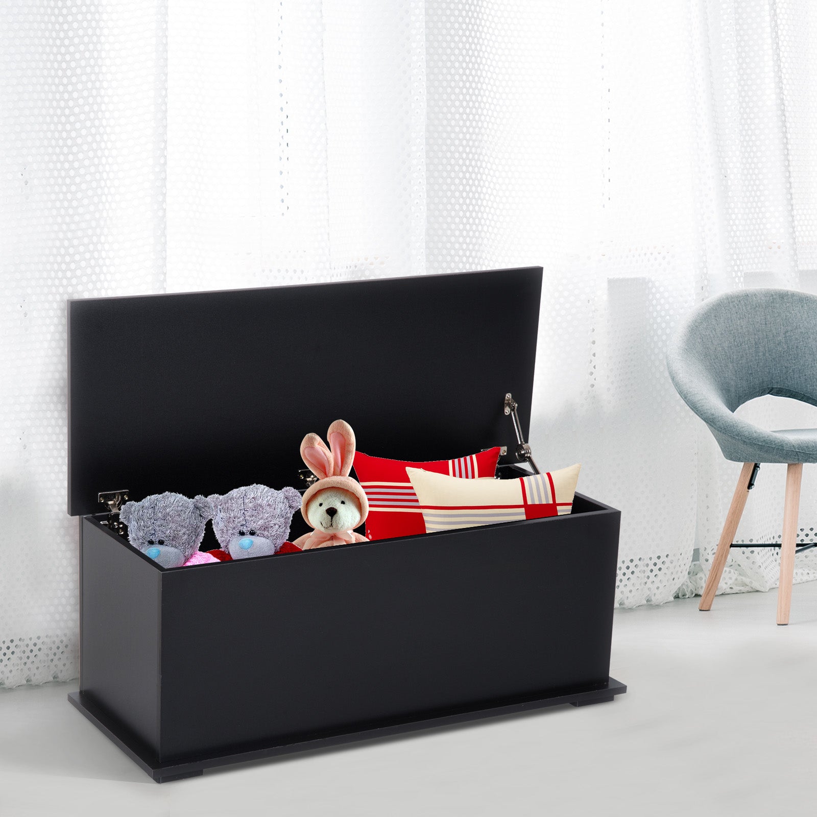 Wooden Storage Box Clothes Toy Chest Bench Seat Ottoman Bedding Blanket Trunk Container with Lid - Black