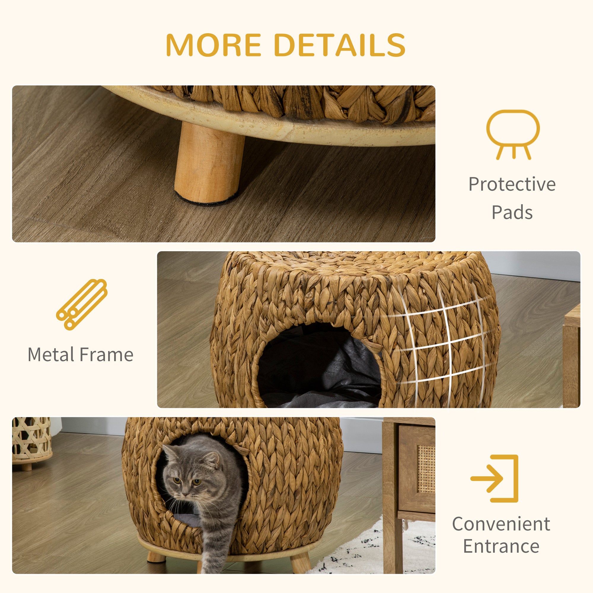 Wicker Cat Cave/House Stool with Soft Washable Cushion,Rattan Kitten Bed for Outdoor & Indoor Use， 44 x 43 x 41cm