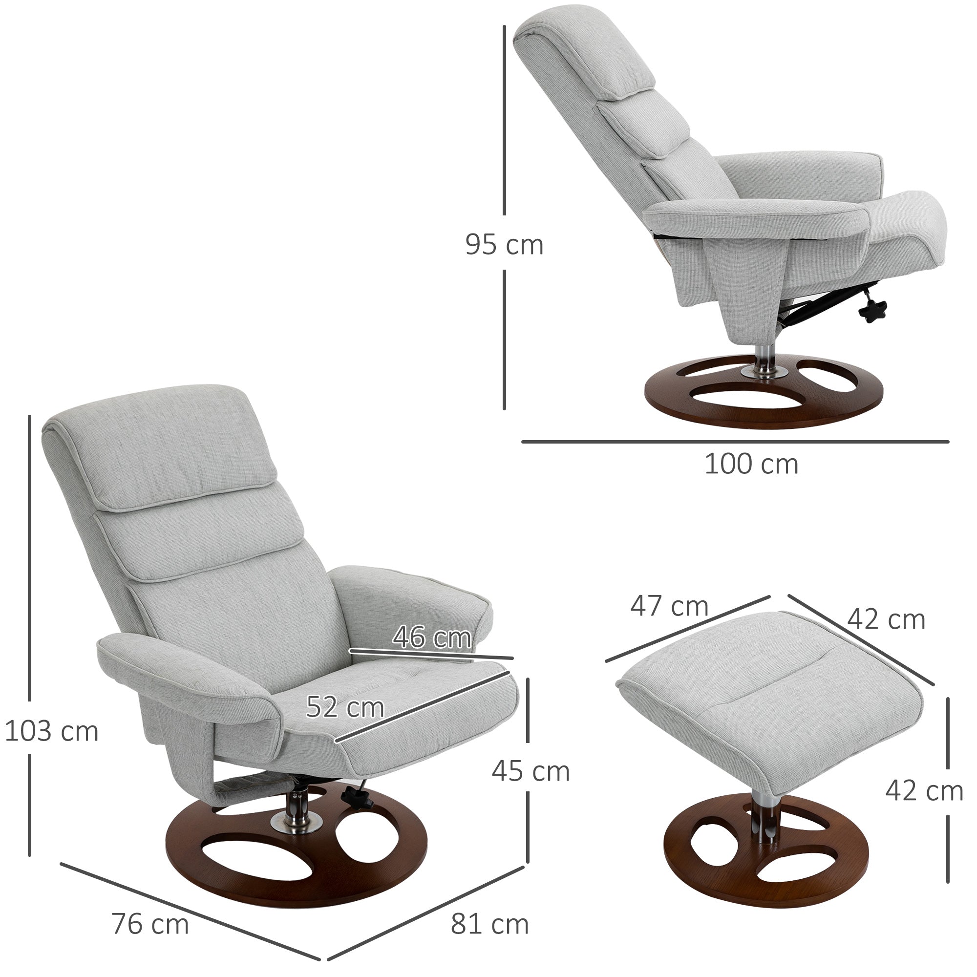 Recliner Chair Ottoman Set 360° Swivel Sofa Stool Modern Soft Thick Padding Wood Base Dark Grey