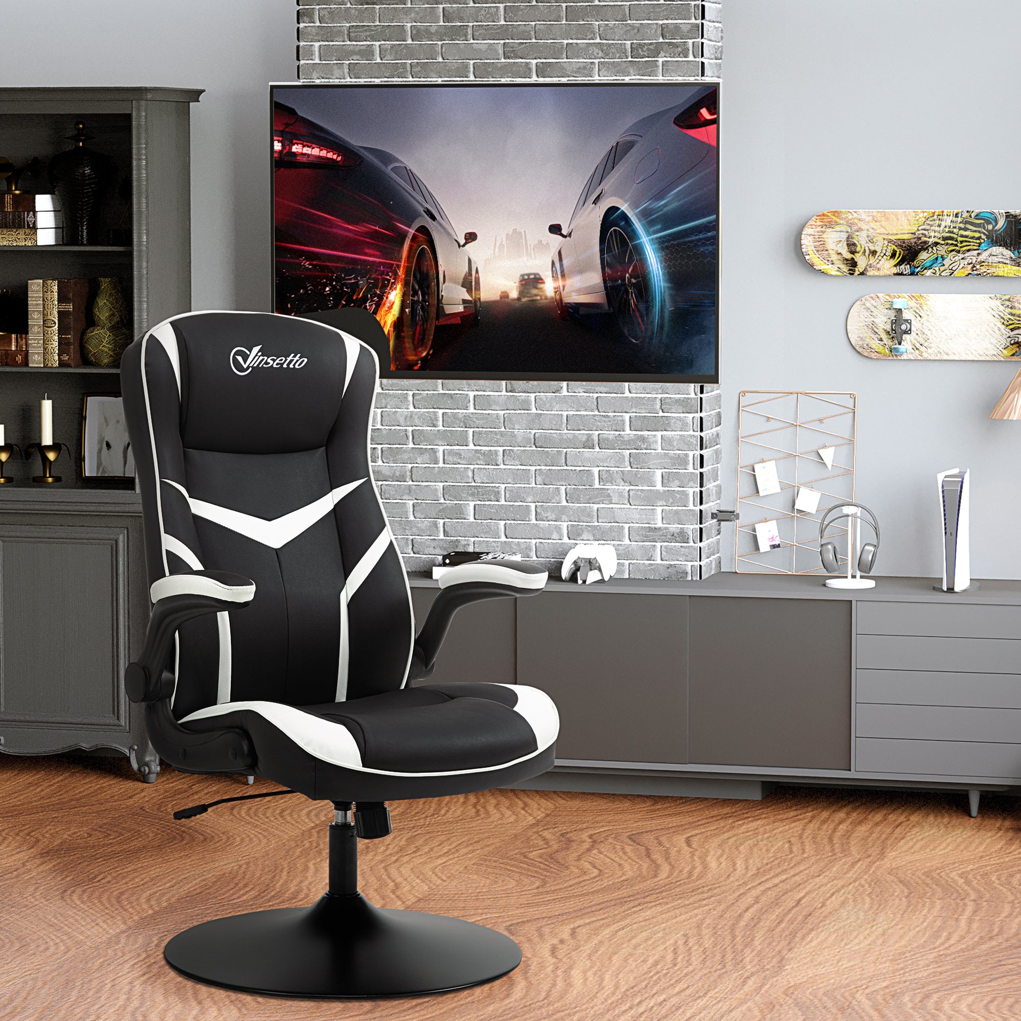 Gaming Chair Ergonomic Computer Chair Home Office Desk Swivel Chair w/ Adjustable Height Pedestal Base PVC Leather, Black & White