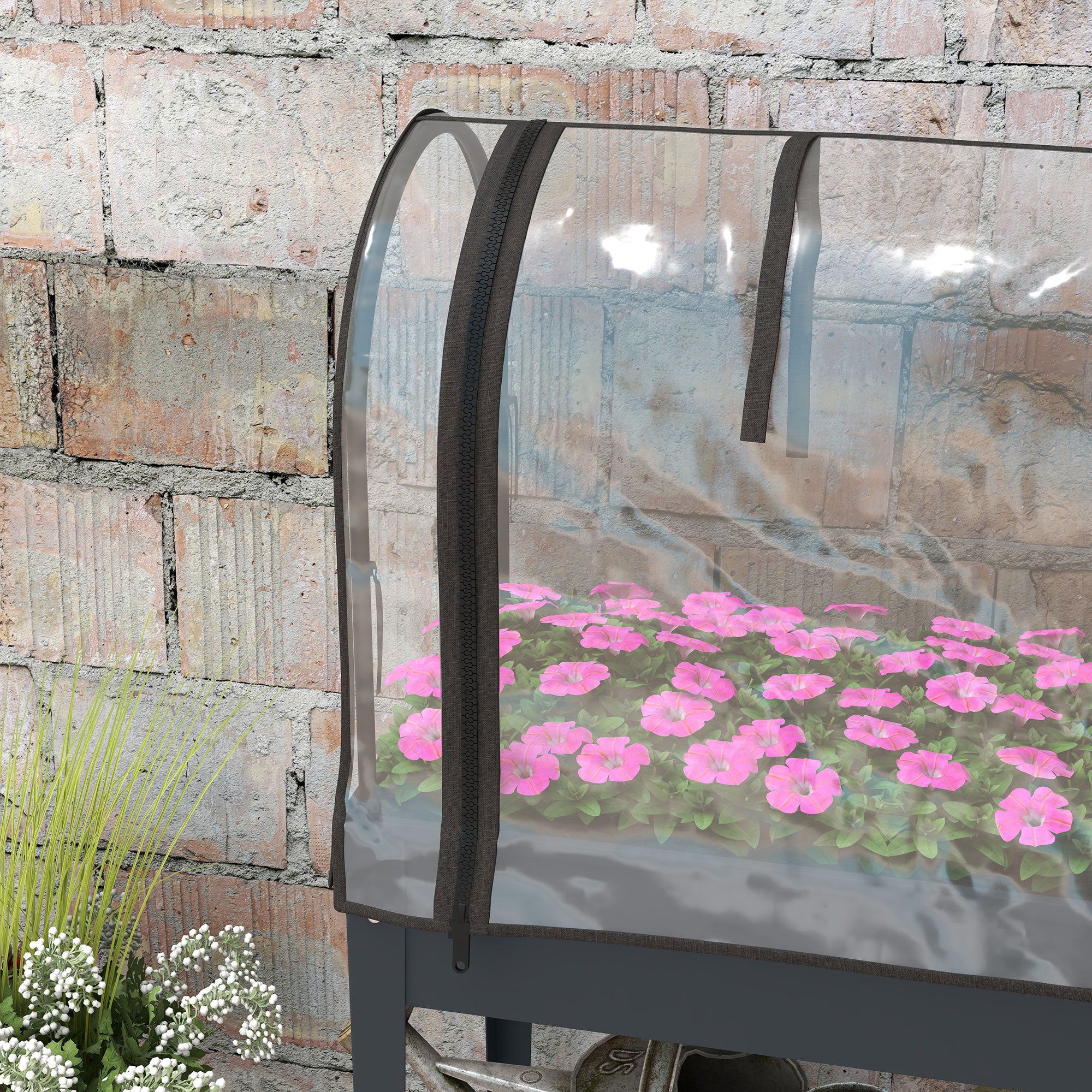 Raised Planter with Greenhouse Cover, Mobile Elevated Garden Bed with Wheels and Bottom Shelf for Vegetables, Dark Grey