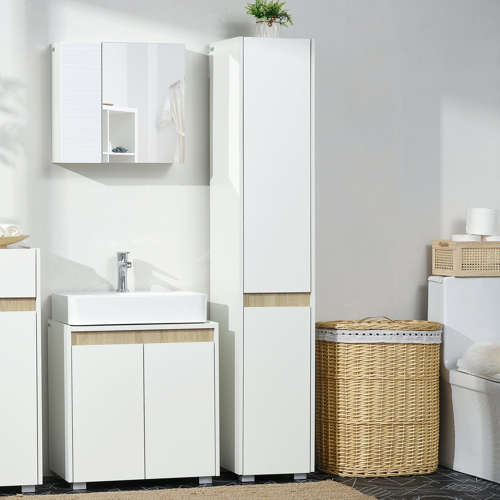 Tall Bathroom Cabinet with Adjustable Shelves, 5-Tier Modern Freestanding Tallboy with Storage Cabinets, White