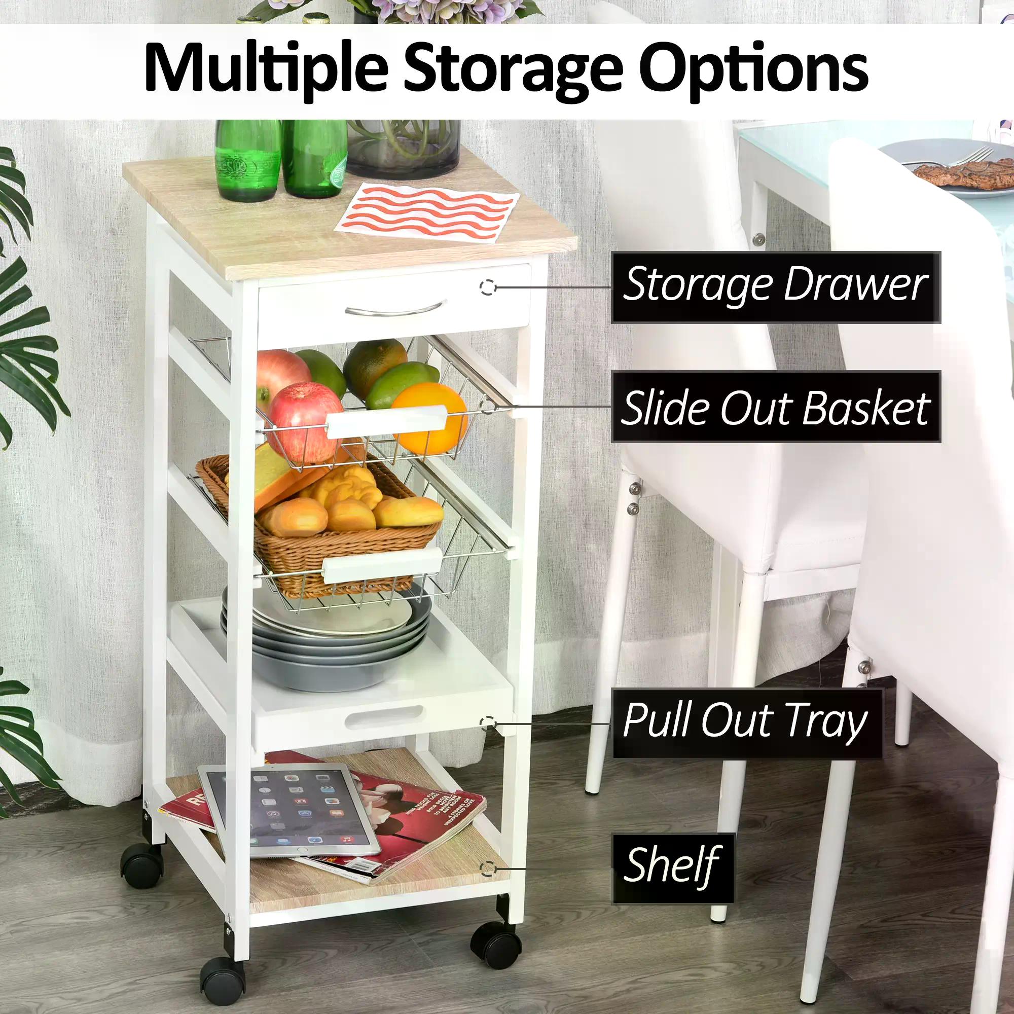 Mobile Rolling Kitchen Island Trolley for Living room, Serving Cart with Drawer & Basket, White