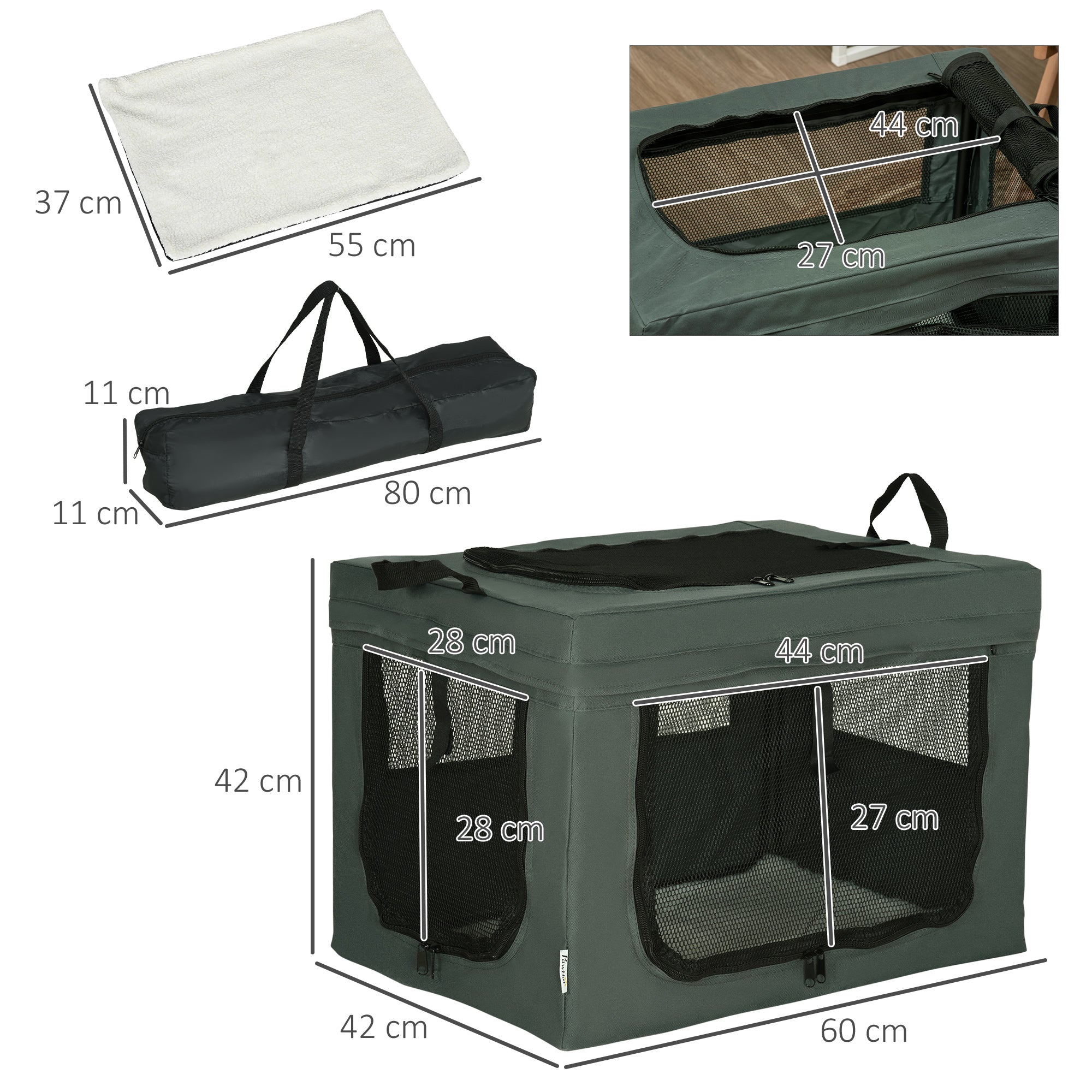 Pet Carrier, Portable Cat Carrier, Foldable Dog Bag for Miniature Dogs, 60 x 42 x 42 cm, Grey