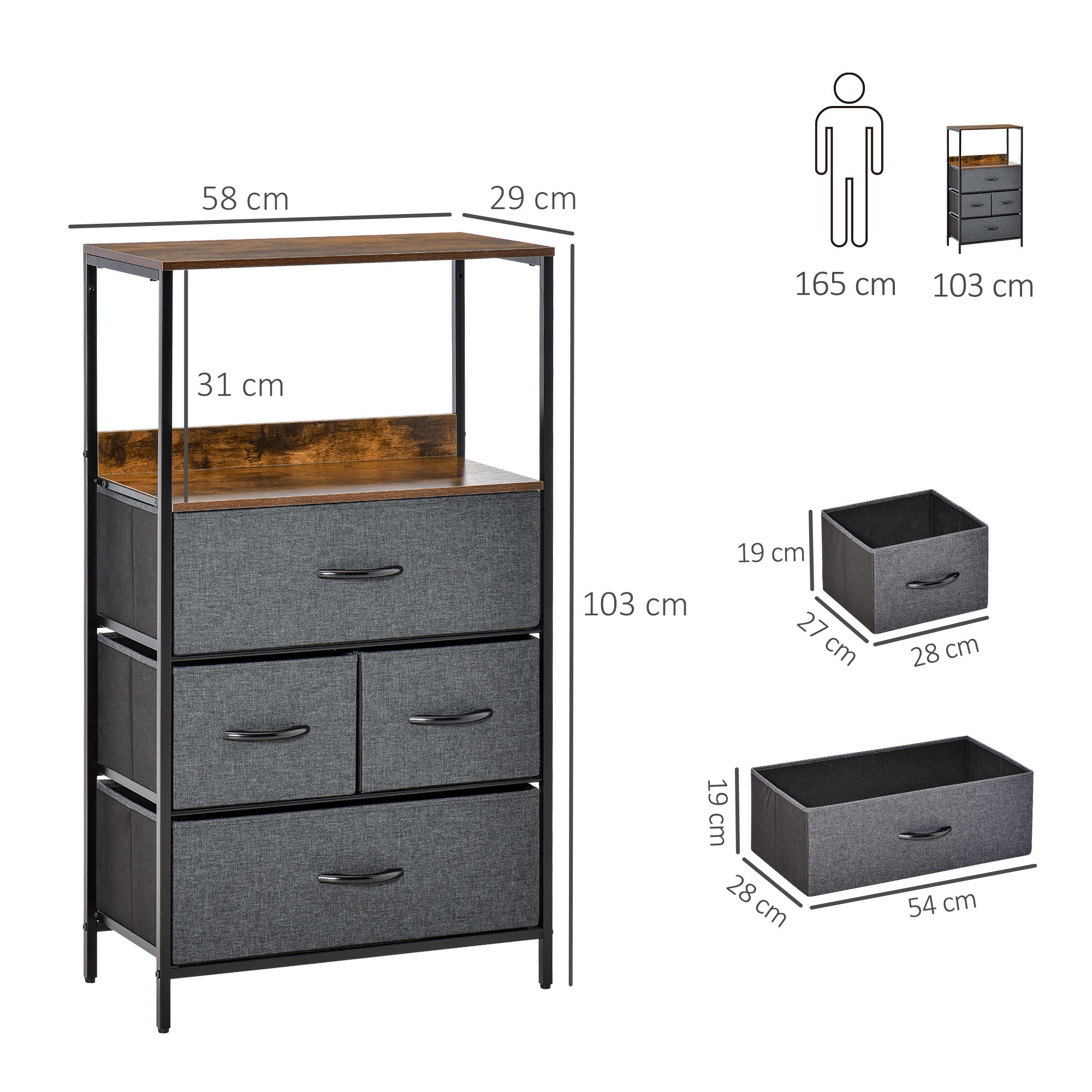 Storage Chest, Drawers Bedroom Unit Storage Cabinet with 4 Fabric Bins for Living Room, Bedroom and Entryway, Black