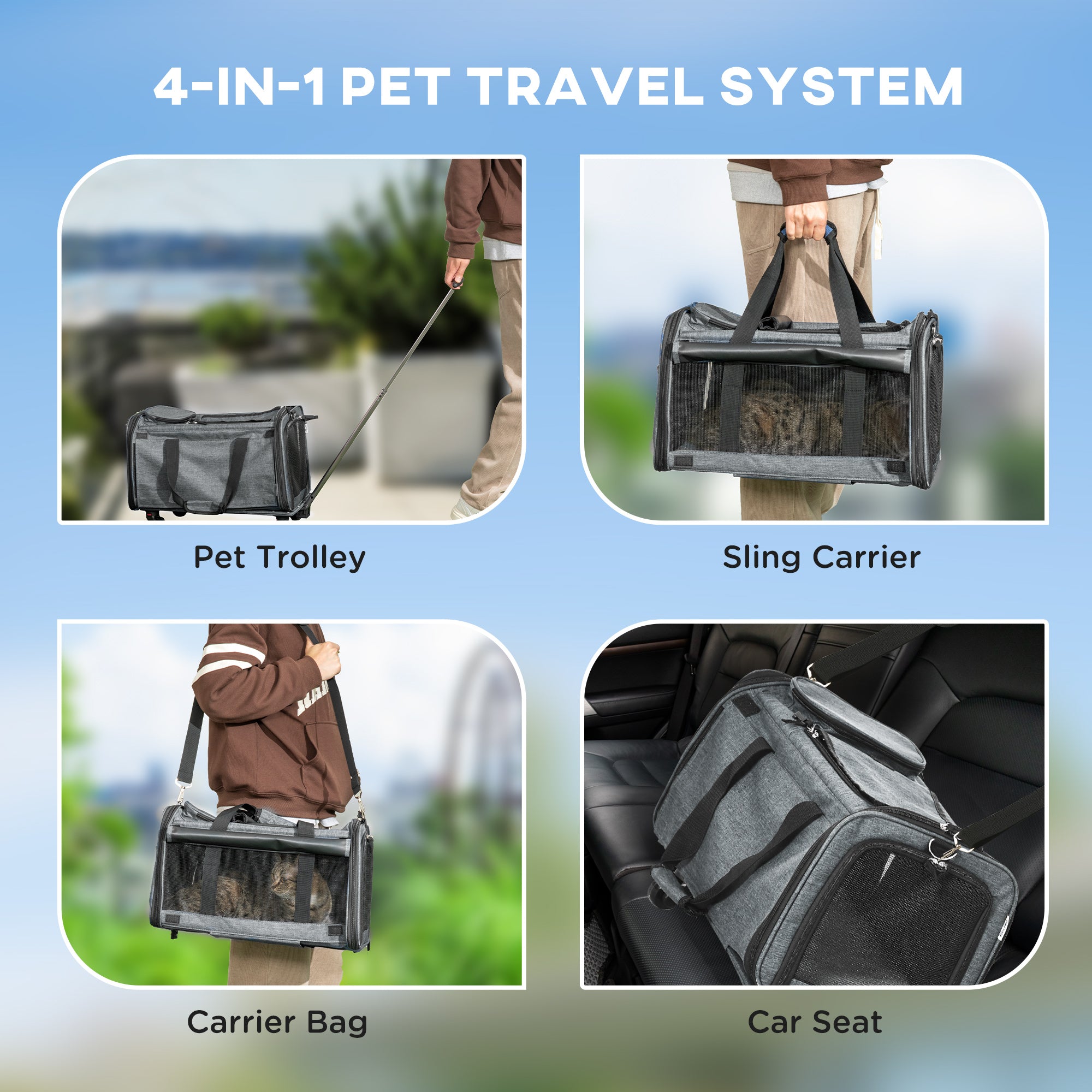 4 in 1 Pet Carrier Portable Cat Carrier Foldable Dog Bag On Wheels for Cats, Miniature Dogs w/ Telescopic Handle, Grey