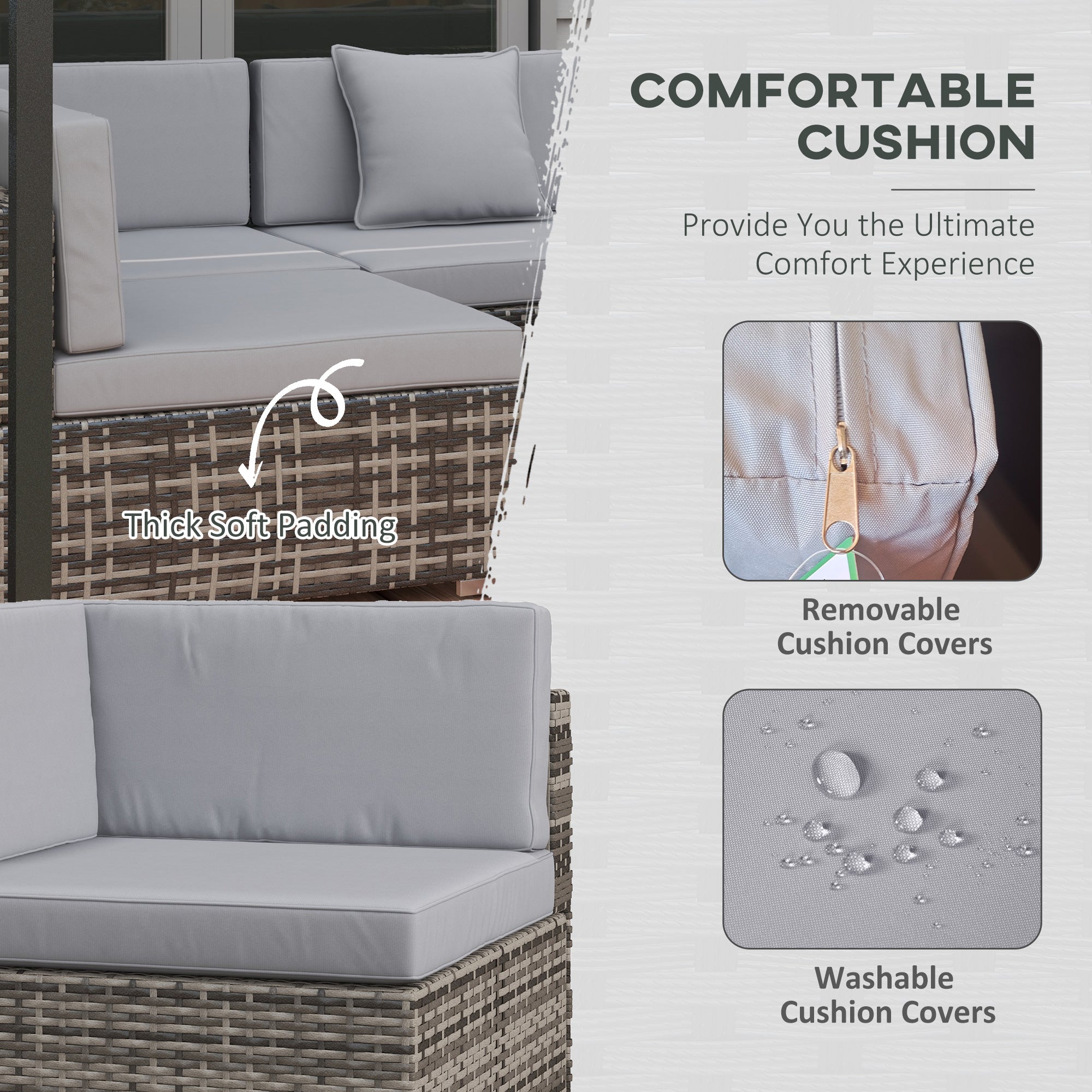 7-Piece PE Rattan Garden Furniture Set with Cushions & Glass Coffee Table - Mixed Grey