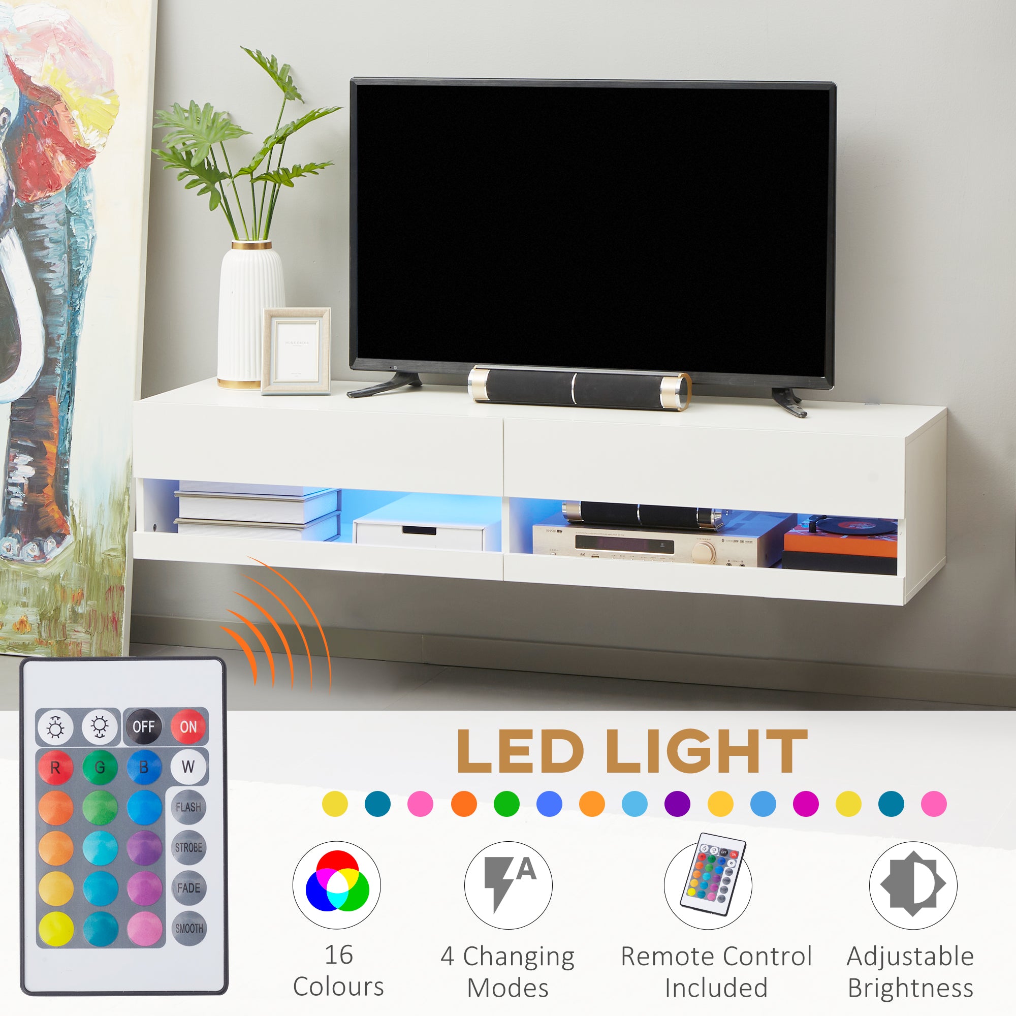 Wall Mounted TV Unit Cabinet for TVs up to 65" with LED Lights, 150 x 40 x 30cm, High Gloss White