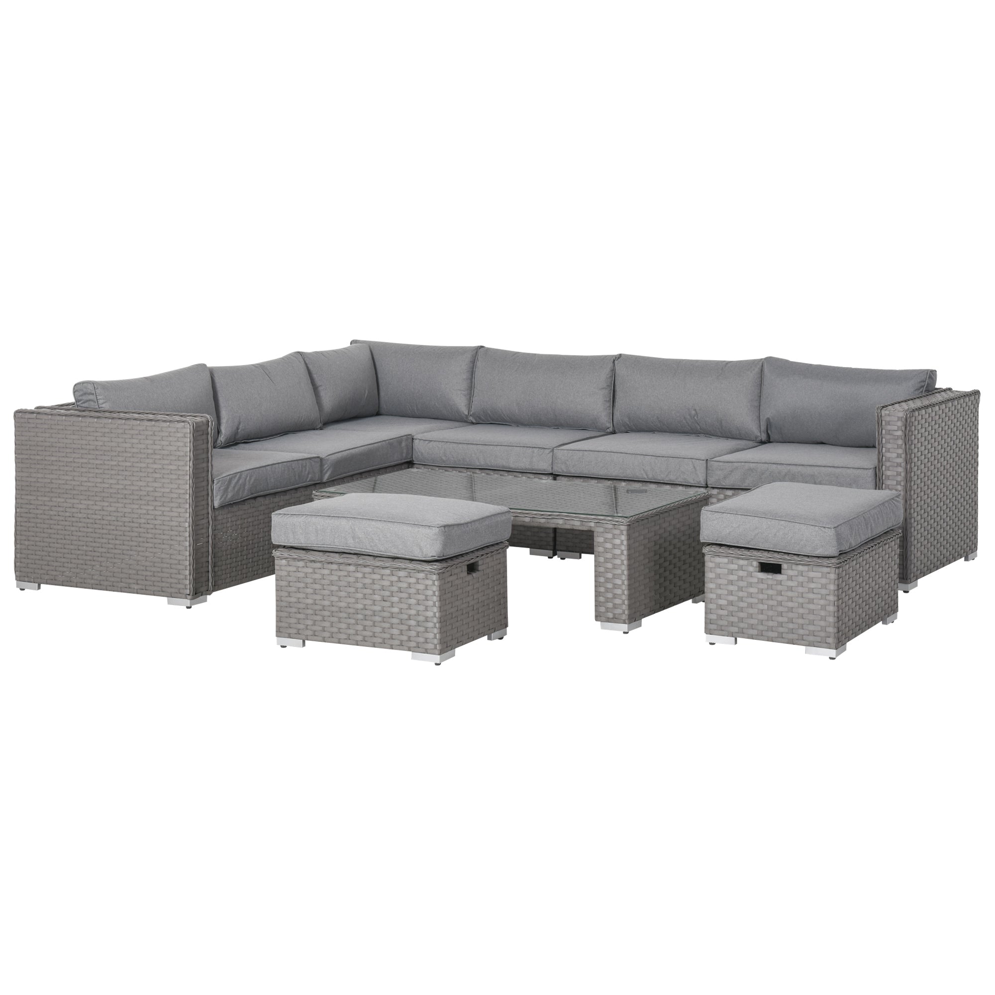 8-Seater PE Rattan Garden Corner Sofa Set Outdoor Wicker Conservatory Furniture Coffee Table Footstool, Grey