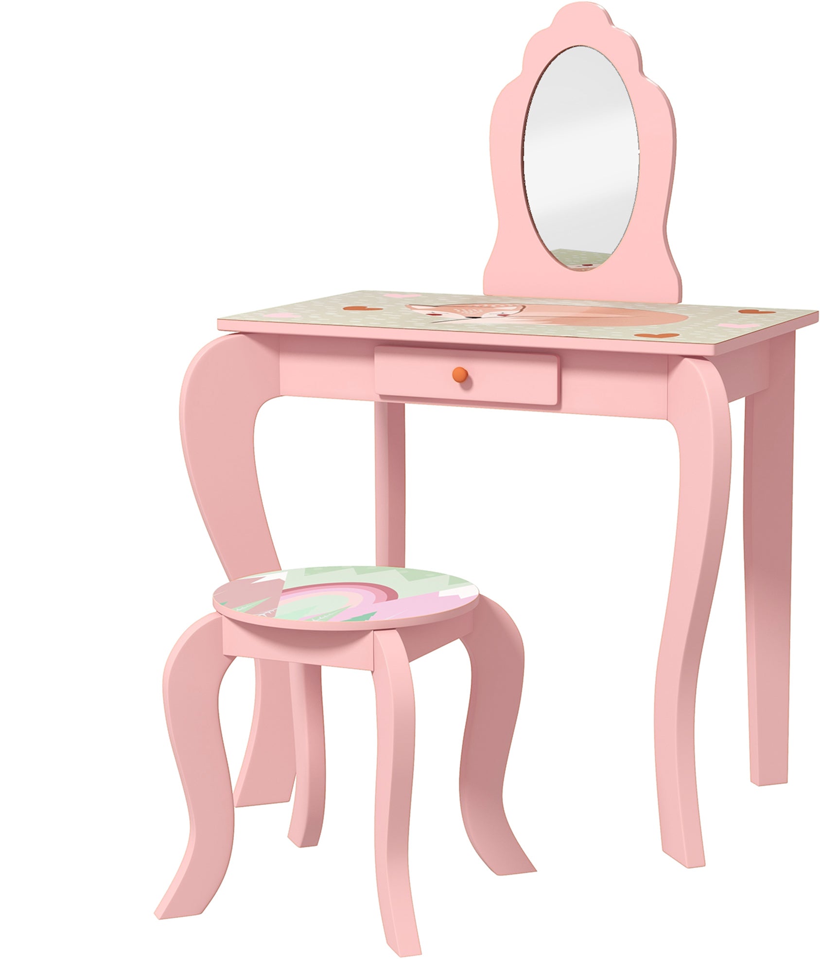 Kids Dressing Table with Mirror and Stool, Girls Vanity Table Makeup Desk with Drawer, Cute Animal Design, for 3-6 Years - Pink