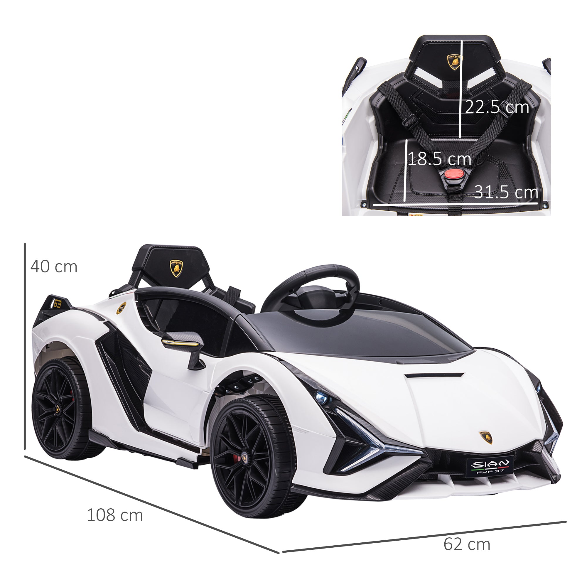 Compatible 12V Battery-powered Kids Electric Ride On Car Lamborghini SIAN Toy with Parental Remote Control Lights MP3 for 3-5 Years Old White