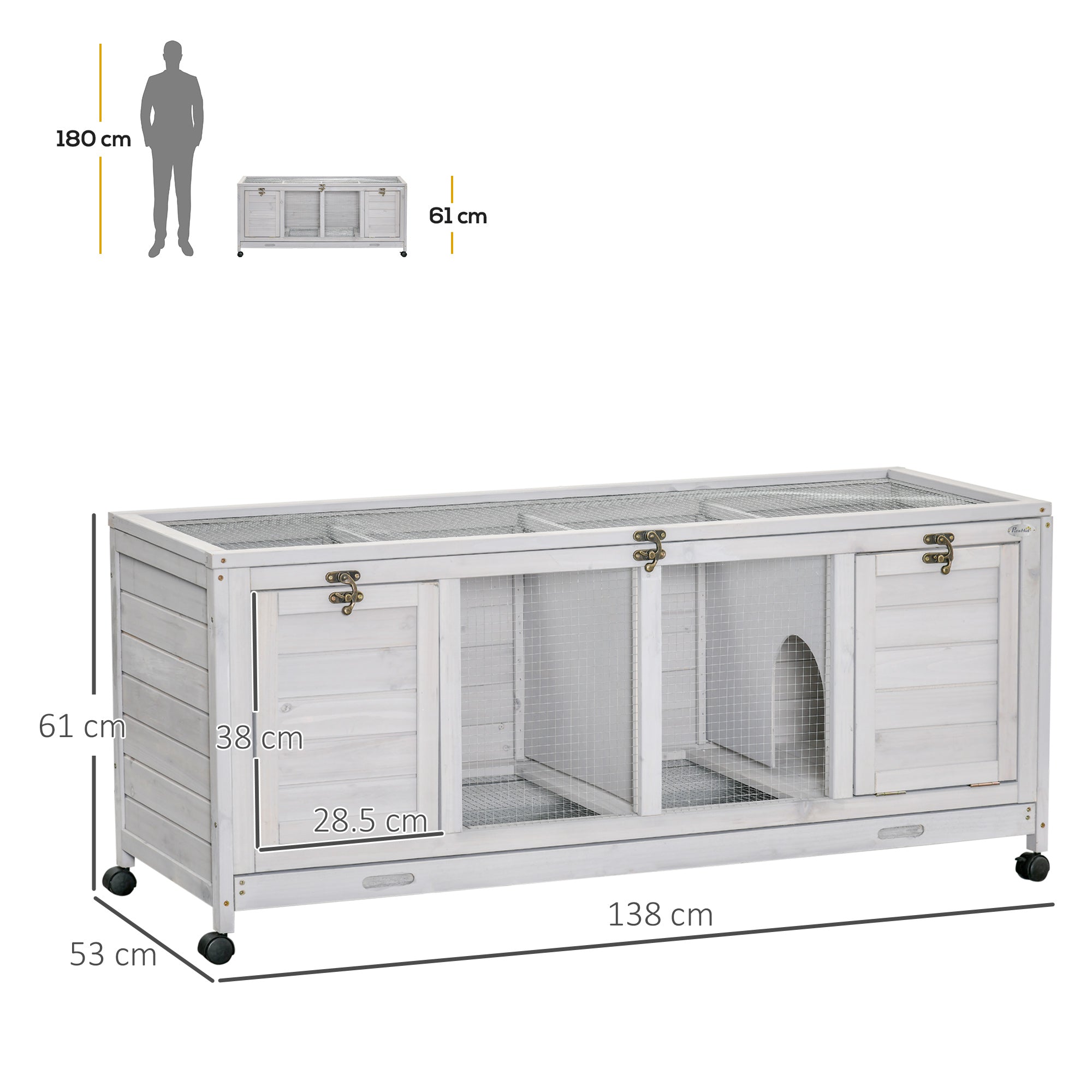 Wooden Rabbit Hutch, Mobile Guinea Pig Cage, Separable Bunny Run, Small Animal House with Wheels, Slide-out Tray, 138 x 53 x 61cm, Light Grey