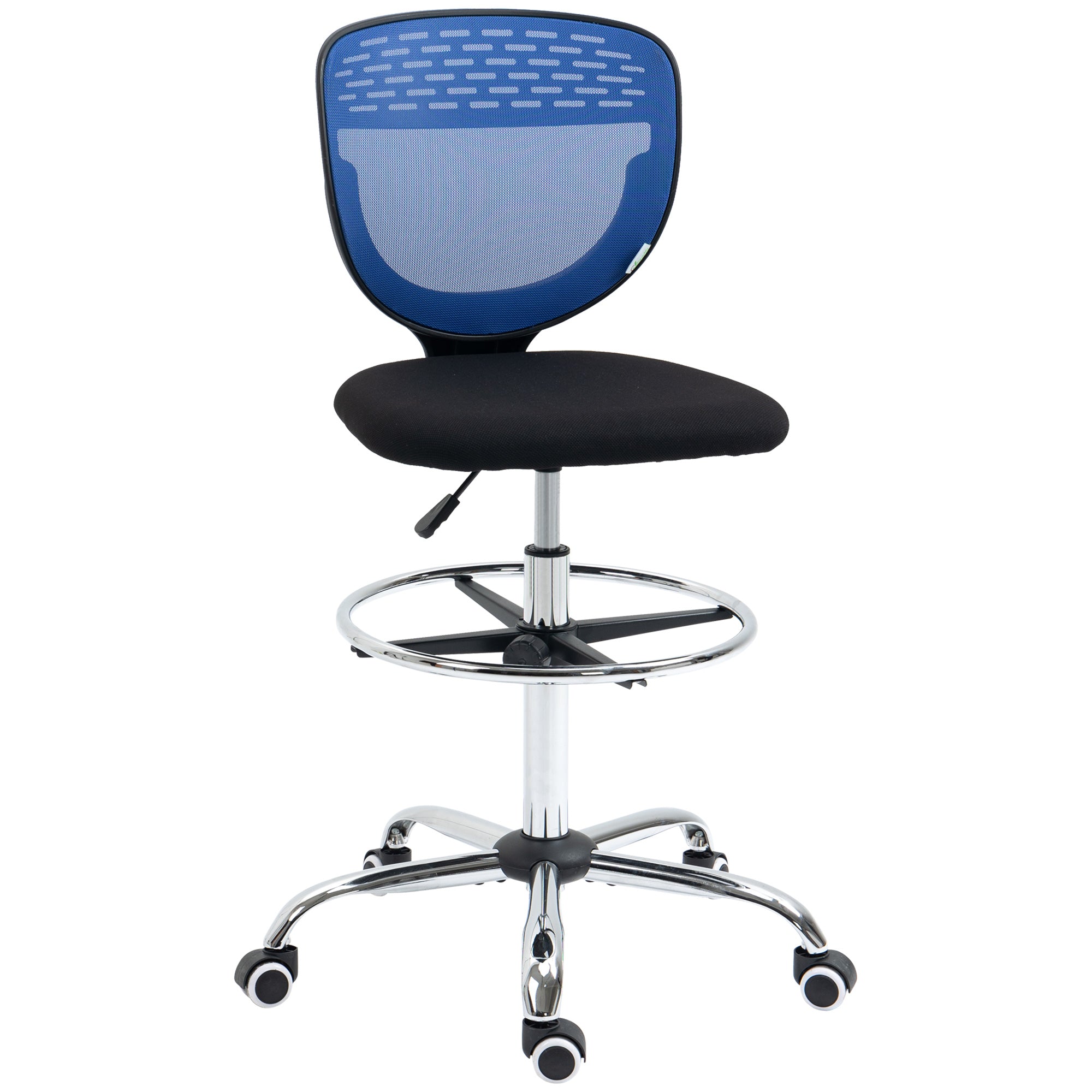 Drafting Chair, Swivel Office Draughtsman Chair, Mesh Standing Desk Chair with Lumbar Support, Adjustable Foot Ring, Armless, Dark Blue