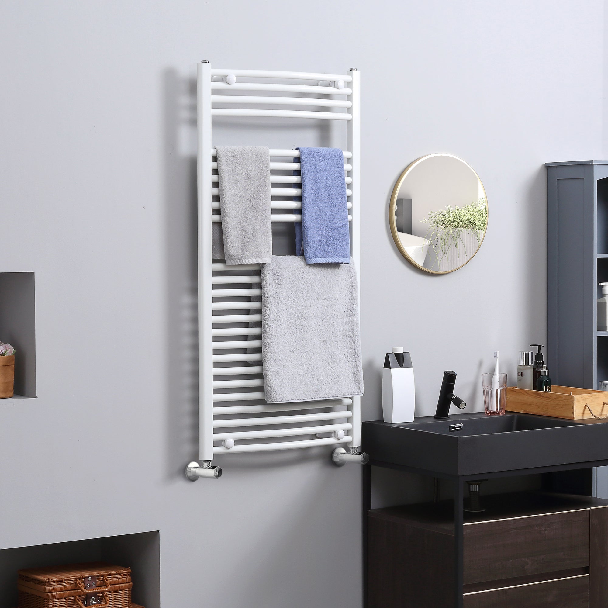 Straight Heated Towel Rail, Hydronic Bathroom Ladder Radiator Towel Warmer For Central Heating 600mm x 1200mm, White