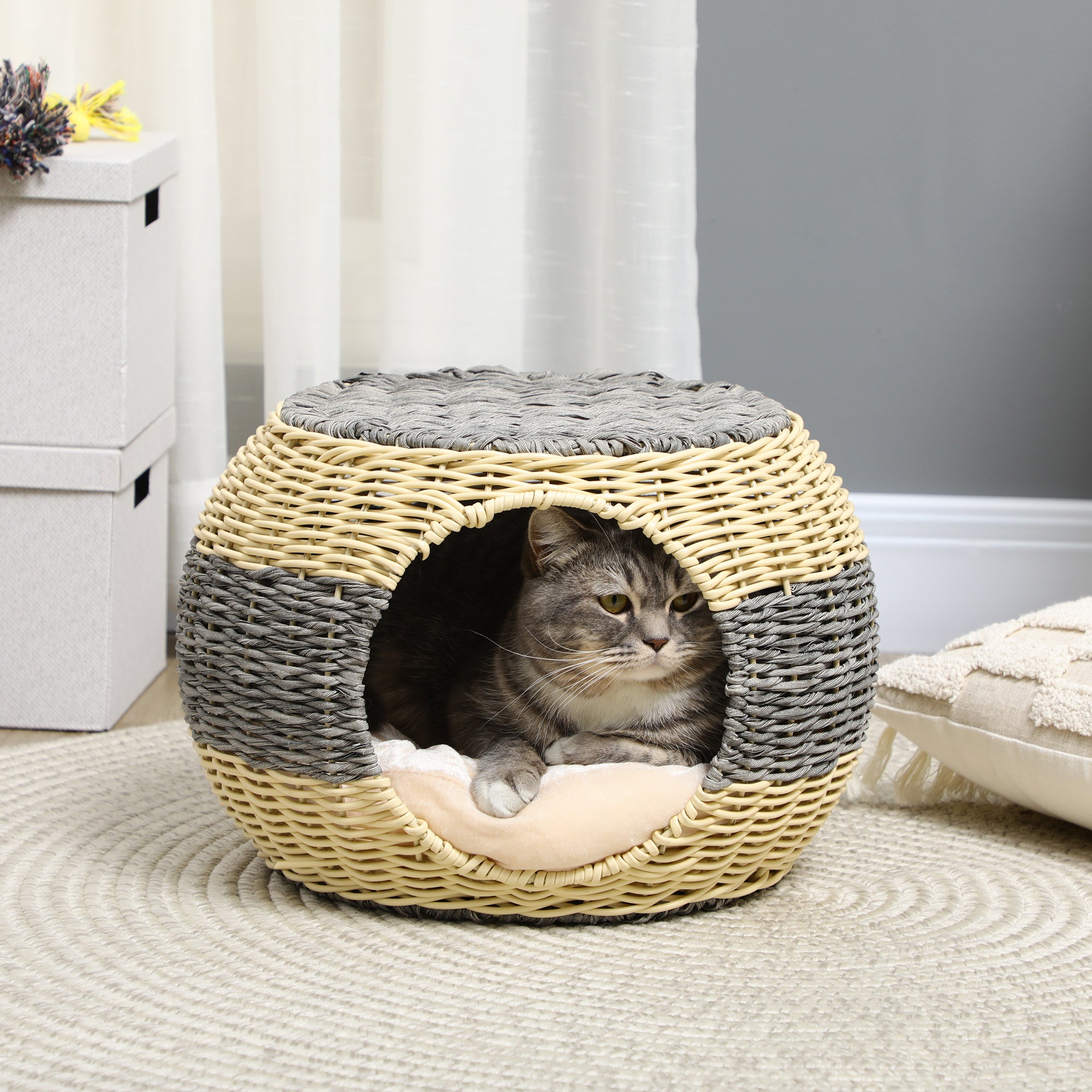 Wicker Cat House, Rattan Raised Cat Bed, Cosy Kitten Cave with Soft Washable Cushion, ?40 x 30cm