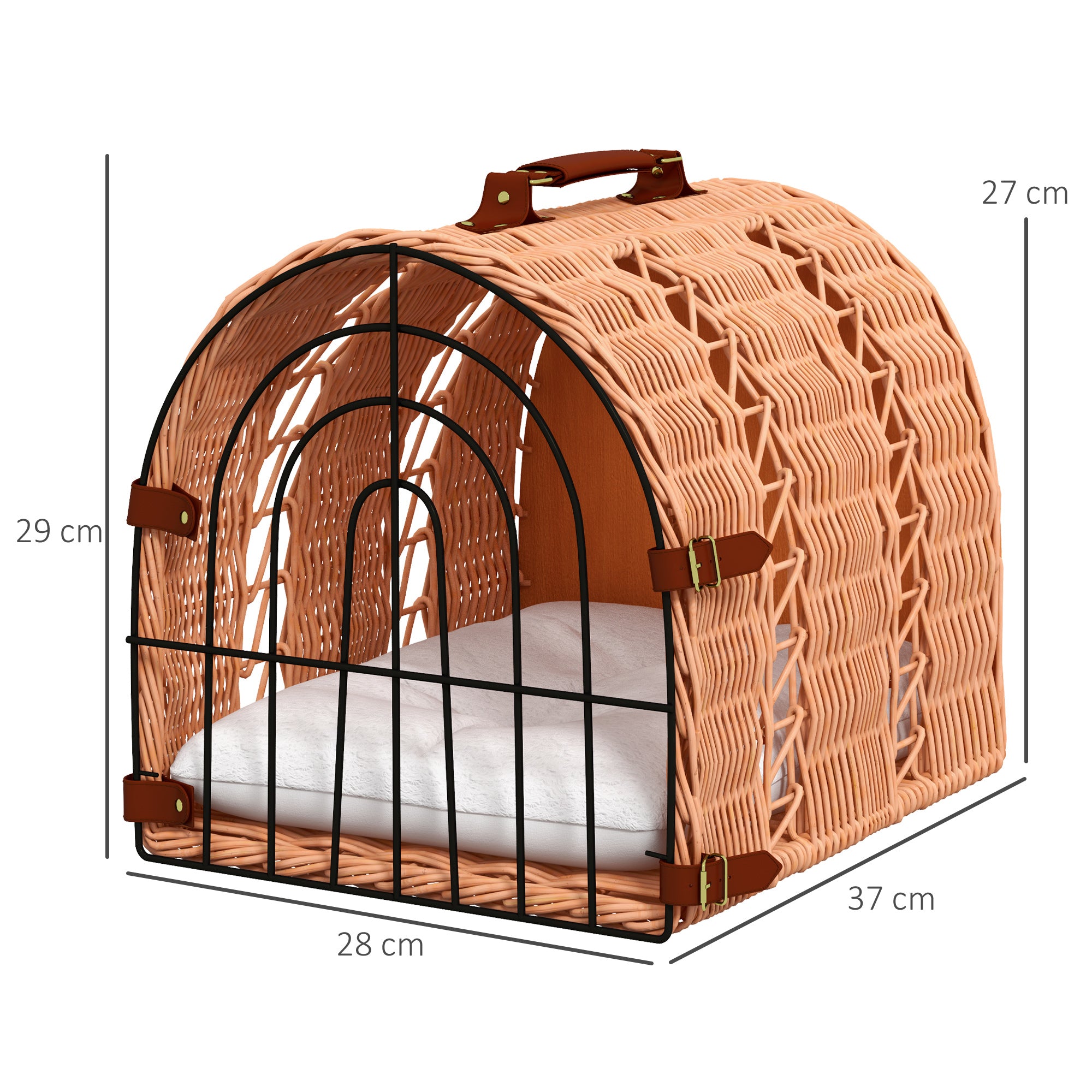 Wicker Cat Carrier Basket Kitten Bed Portable Pet Caves Houses w/ Soft Cushion 37 x 28 x 29 cm Orange