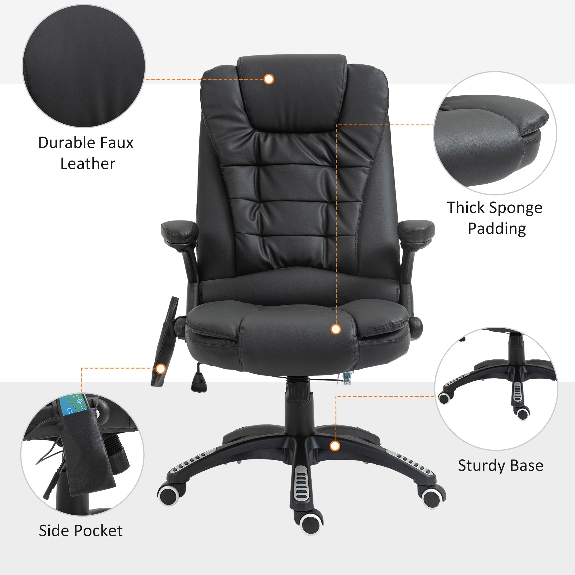 Massage Chair with Heat, High Back PU Leather Executive Office Chair W/ Tilt and Reclining Function, Black