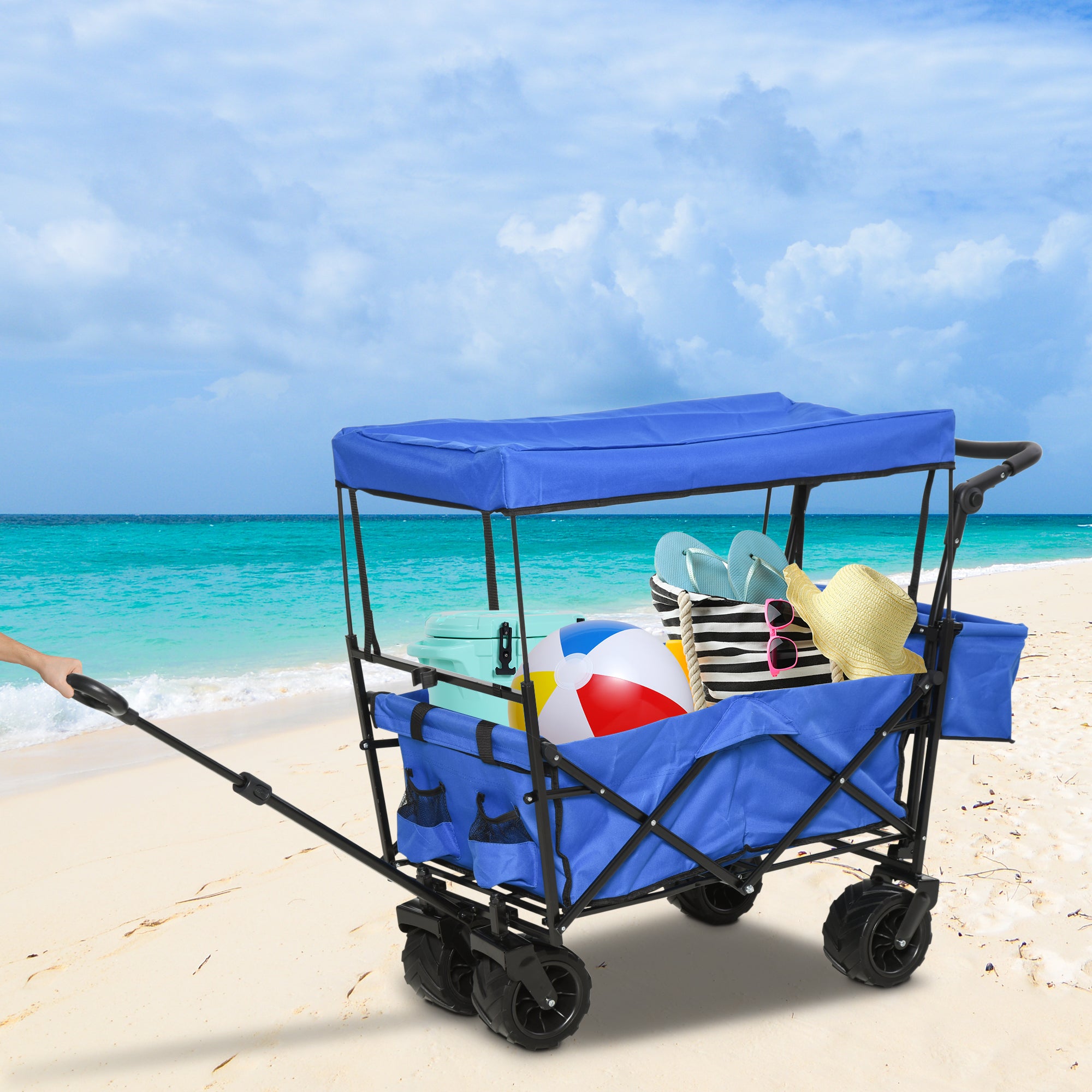 Folding Trolley Cart Storage Wagon Beach Trailer 4 Wheels with Handle Overhead Canopy Cart Push Pull For Shopping Camping Garden - Blue