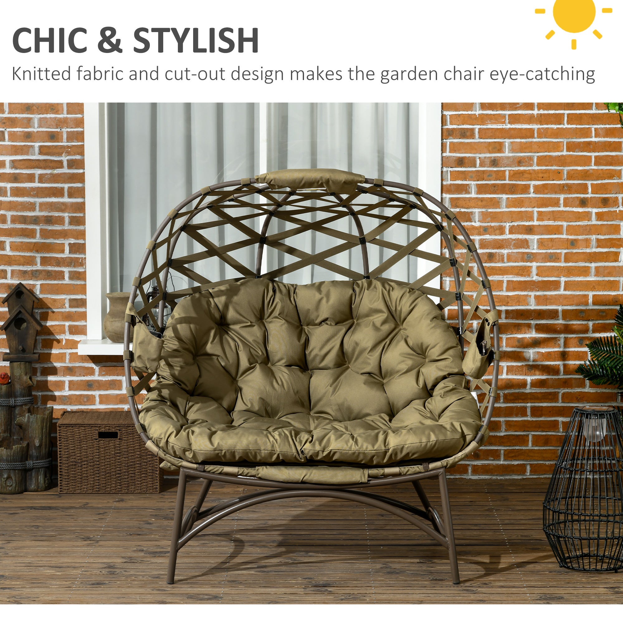2 Seater Outdoor Egg Chair with Cushions and Cup Holders - Khaki