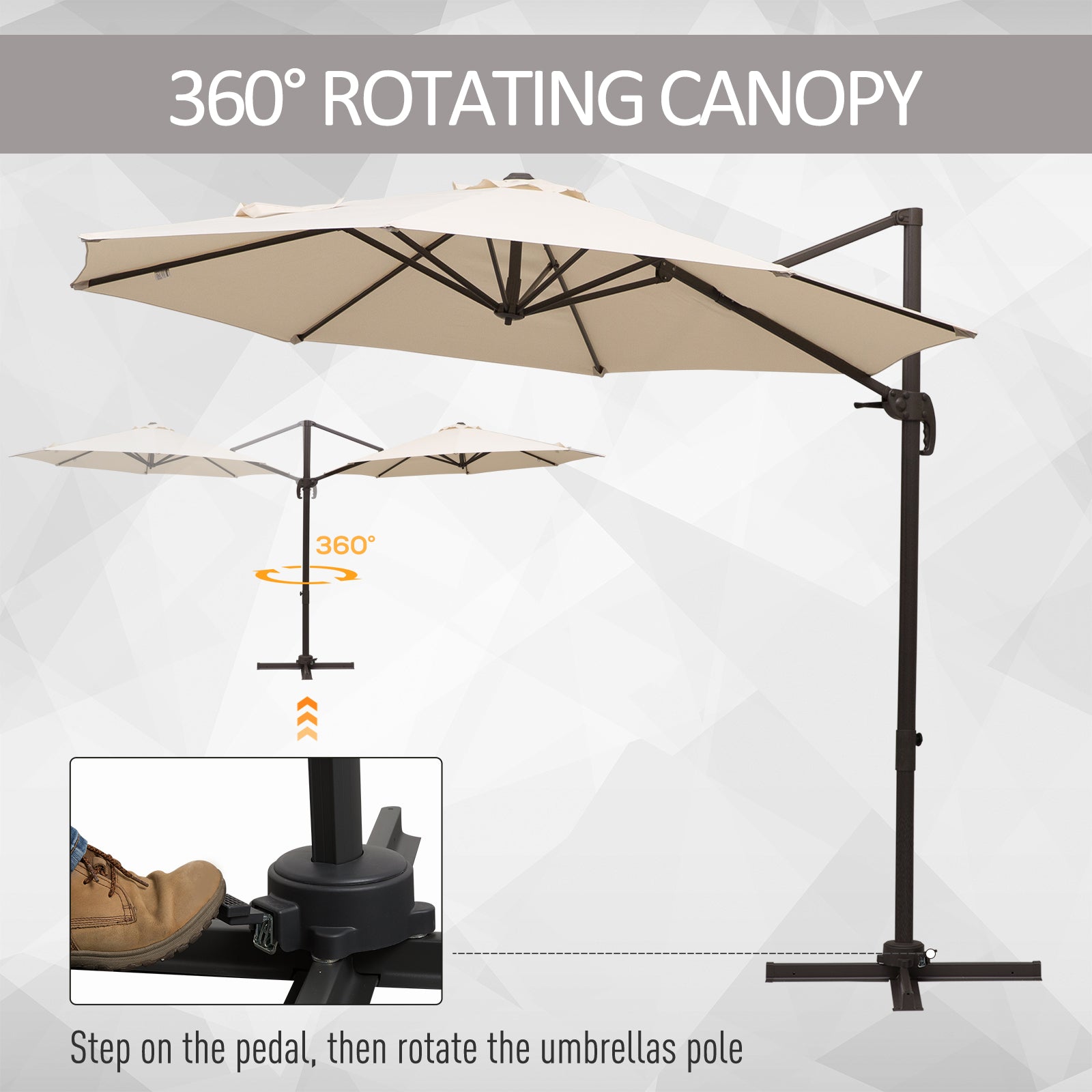 3M Banana Parasol Hanging Cantilever Umbrella W/ Cross Base Hand Crank Aluminium Frame 360°Rotation Hand Crank-Beige