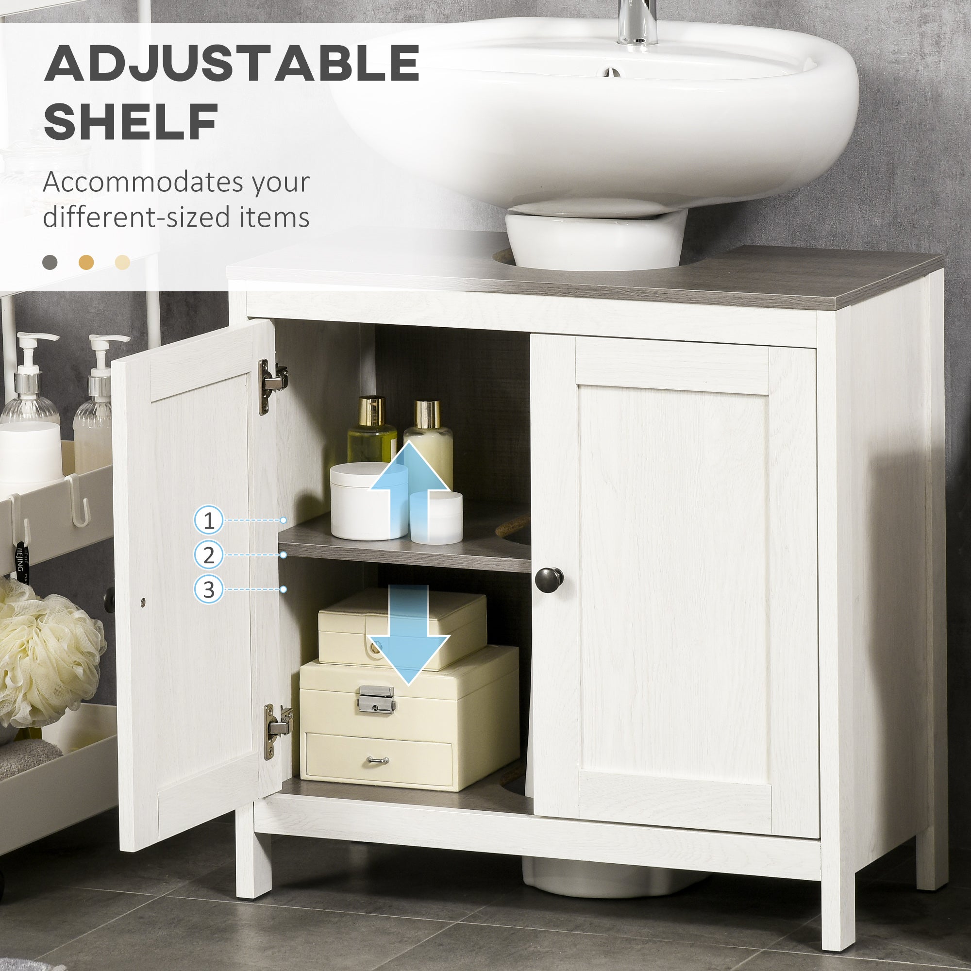 Modern Bathroom Sink Cabinet, Floor Standing Under Sink Cabinet Freestanding Storage Cupboard w/ Adjustable Shelf Double Doors Antique White