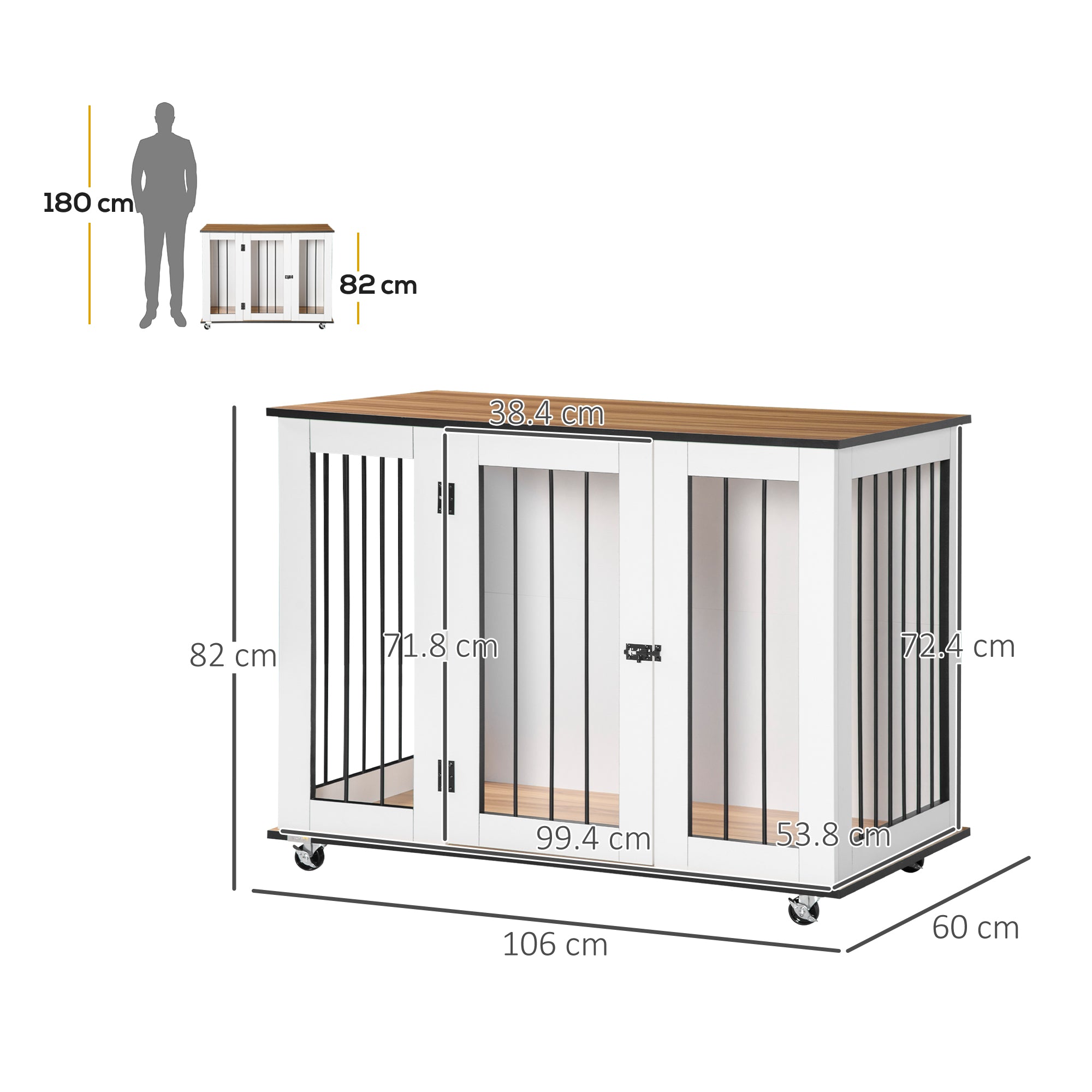 Dog Cage End Table with Five Wheels, Dog Crate Furniture for Large Sized Dogs, with Front Door Latch, Indoor Use, White